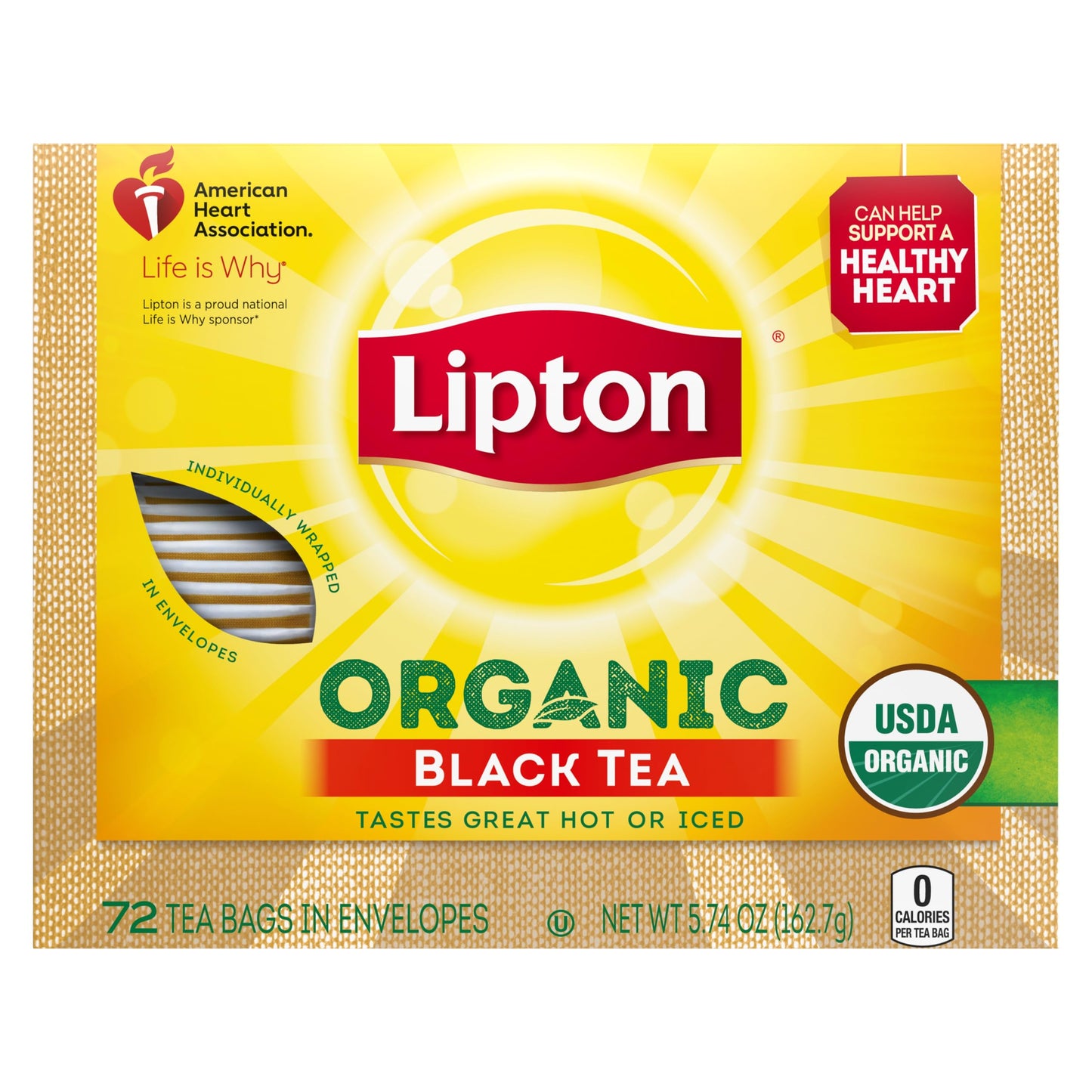 Lipton Organic Tea Bags Tastes Great Hot or Iced Organic Black Tea Can Help Support a Healthy Heart 5.74 oz 72 Count, Pack of 5