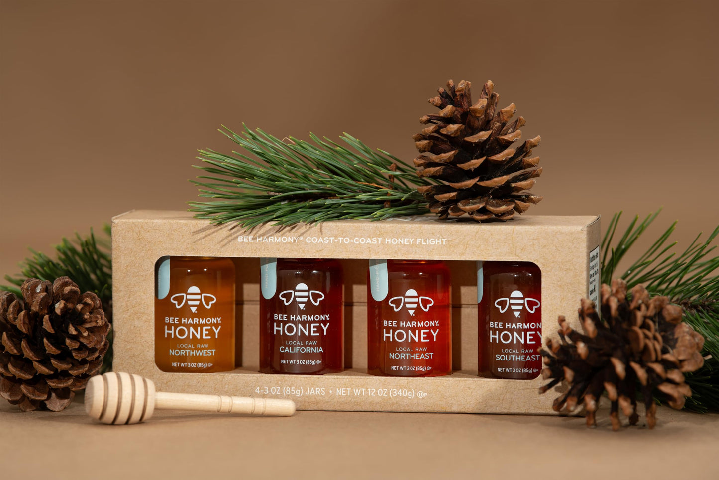 Bee Harmony Classic Honey Flight, Mini Honey Gift Set, 4 Jars, 3 OZ Each, Premium, Raw, Made in the USA