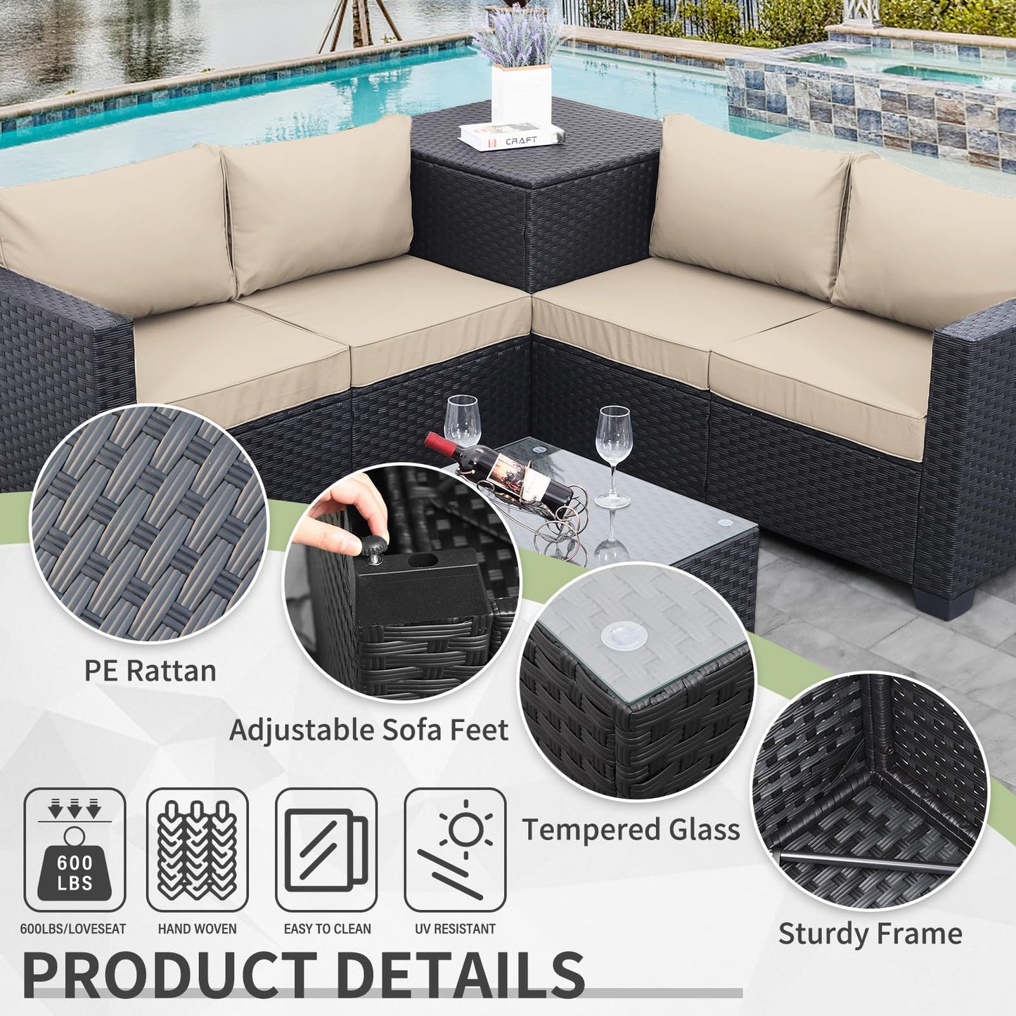 Outdoor PE Wicker Patio Furniture Set 4 Piece Black Rattan Sectional Loveseat Couch Set Conversation Sofa with Storage Box Glass Top Table and Non-Slip Grey Cushion