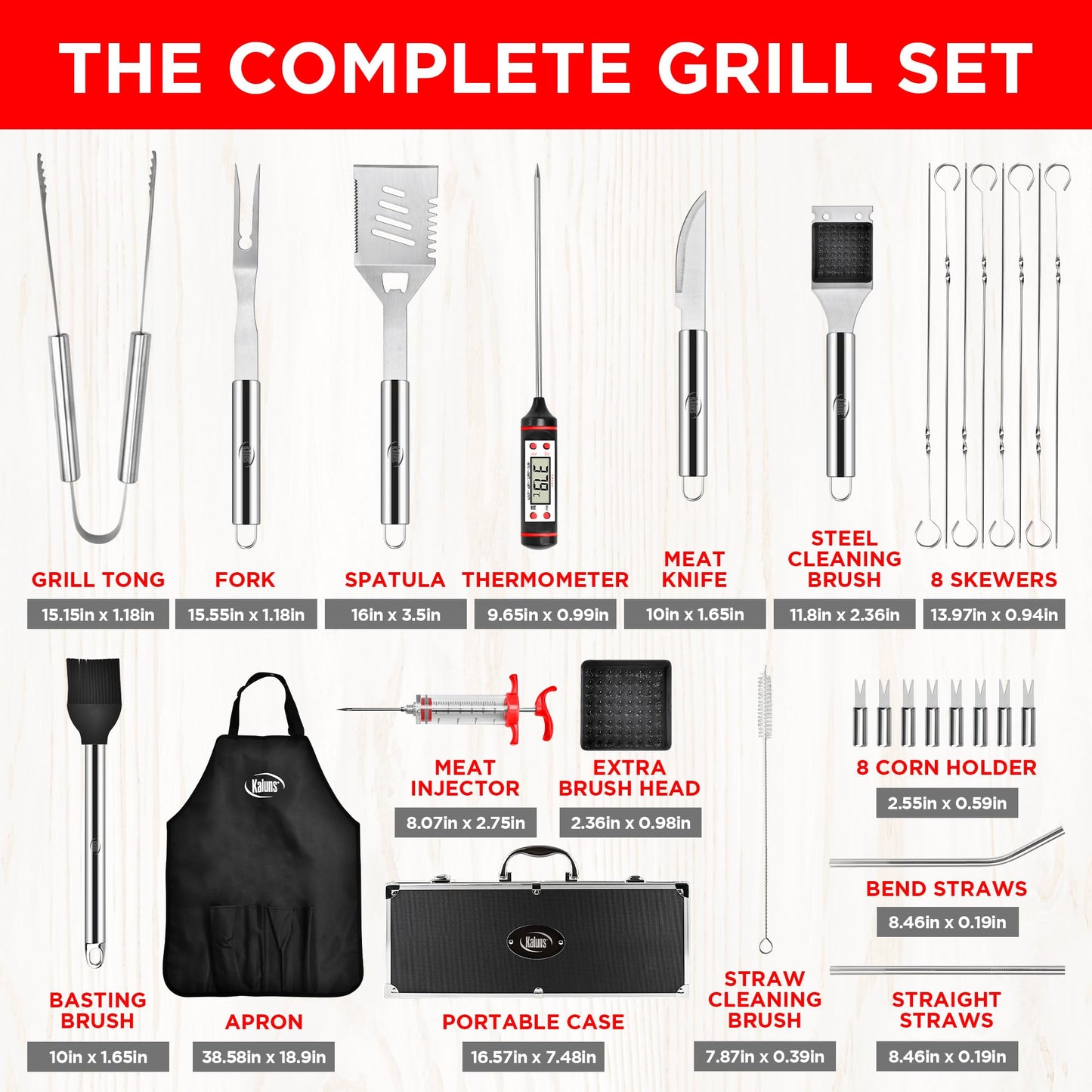 Kaluns Grilling Accessories, Dad Gifts for Fathers Day Grilling Gifts, Heavy Duty Stainless Steel BBQ Grill Tools Set for Outdoor Grill with Aluminum Case and Apron, Dad Birthday Gifts for Men Husband