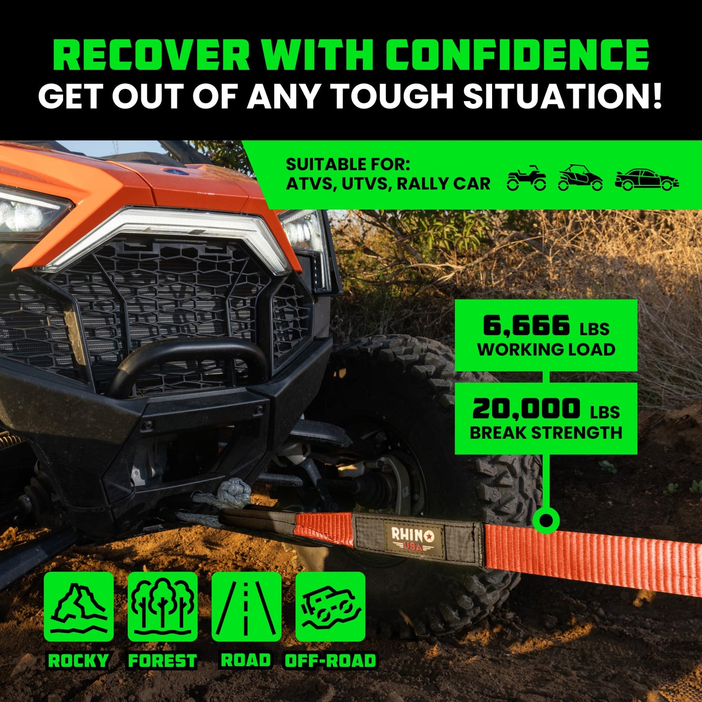 Rhino USA Recovery Tow Strap (3" x 20') - 31,518lb Break Strength - Emergency Recovery Strap Tow Rope for Truck, UTV, ATV & More - Heavy Duty Towing Strap for Offroad 4x4 Use - Compatible with Jeep