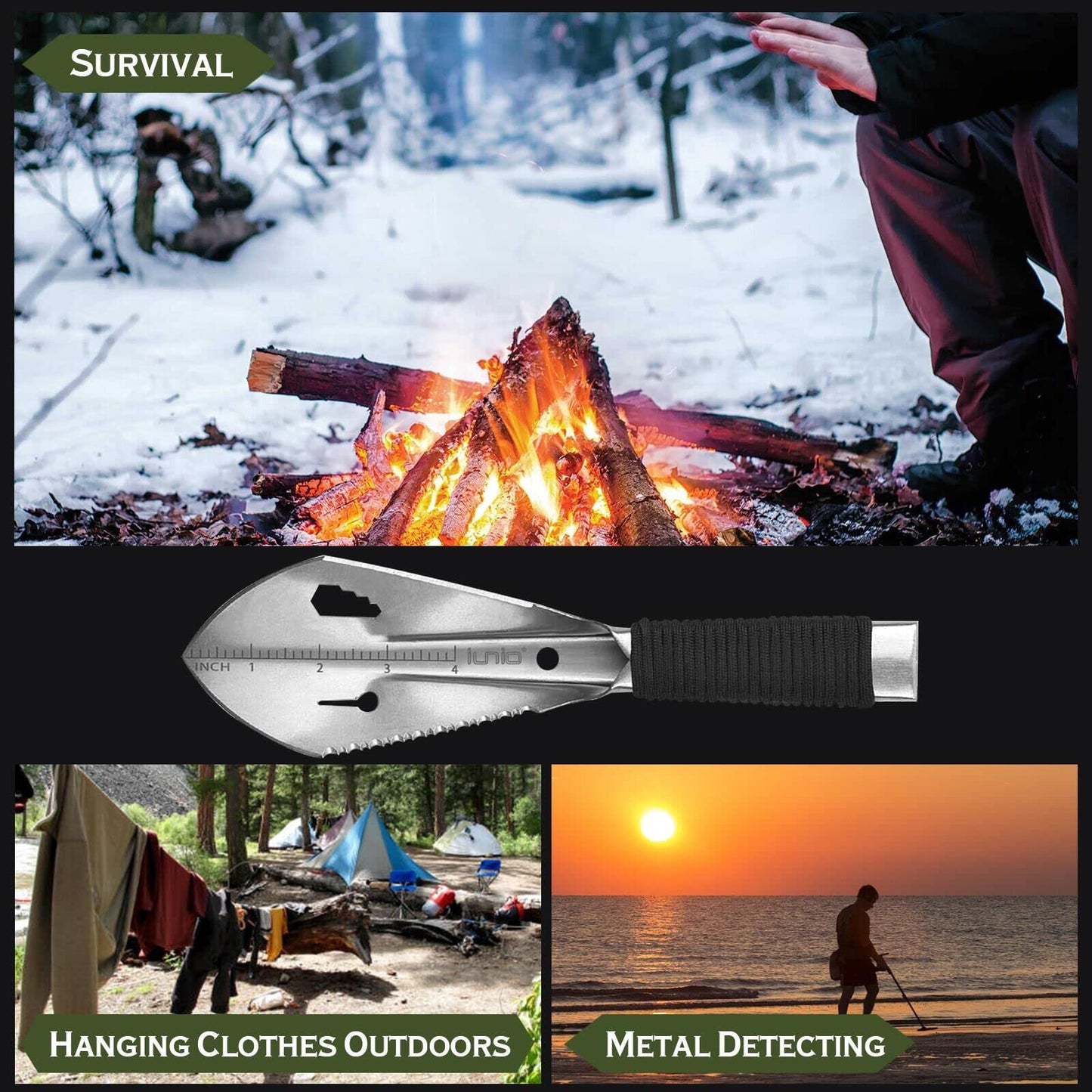 iunio Hiking Trowel, Camping, Backpacking, Portable Shovel, Multitool, Ultralight Camp Tool, with Carrying Pouch, for Gardening, Outdoor, Survival