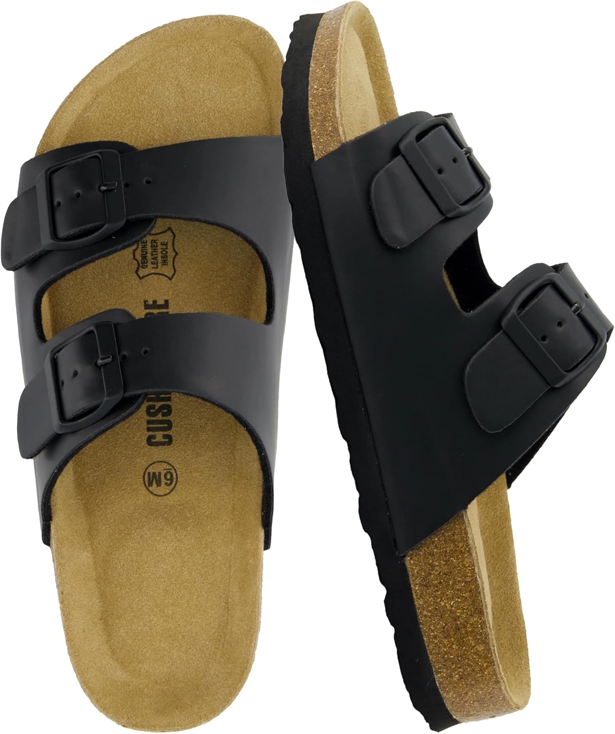 CUSHIONAIRE Lane Cork Footbed Sandals for Women – Comfortable Double Buckle Slip-On with Genuine Suede Footbed & Arch Support Slides for Women Footwear