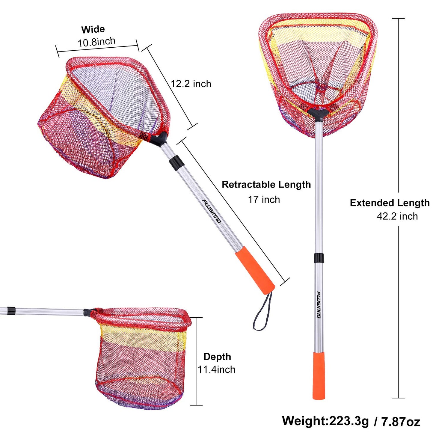 PLUSINNO Kids Fishing Net, Telescopic Lightweight Landing Net with Aluminum Pole Handle and Nylon Mesh, Catch and Release Butterfly Net for Kids Youth Outdoor