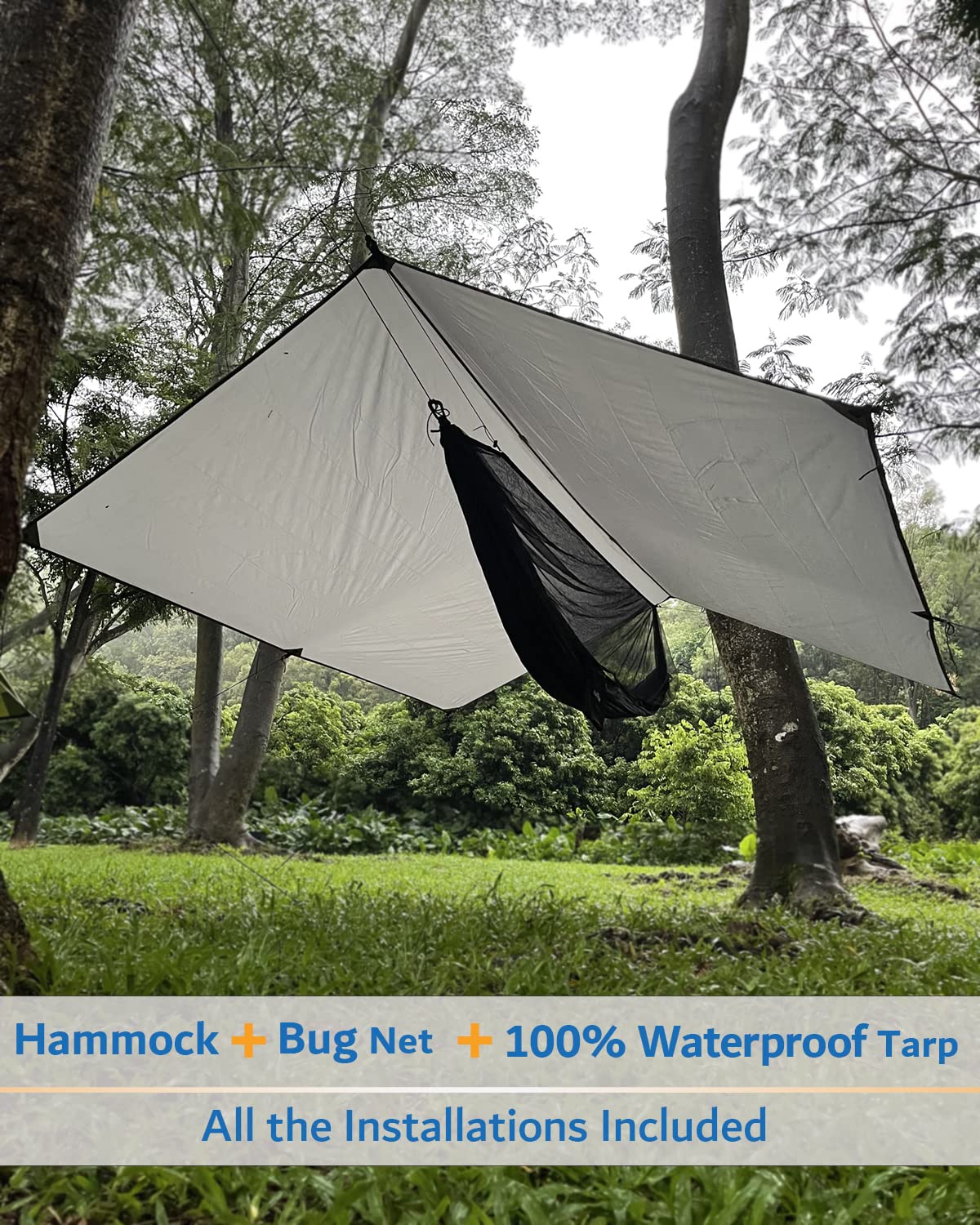 Sunyear Hammock Camping with Rain Fly Tarp and Net, Portable Camping Hammock Double Tree Hammock Outdoor Indoor Backpacking Travel & Survival, 2 Tree Straps,100% Waterproof