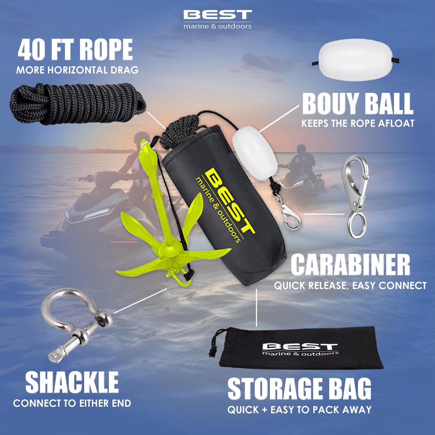 Best Marine and Outdoors Kayak Anchor, 3.5 Pound Anchor System Kit for Kayaks, Canoes, SUP Paddle Boards & Jet Skis, Fishing, Boating & Kayaking Accessories