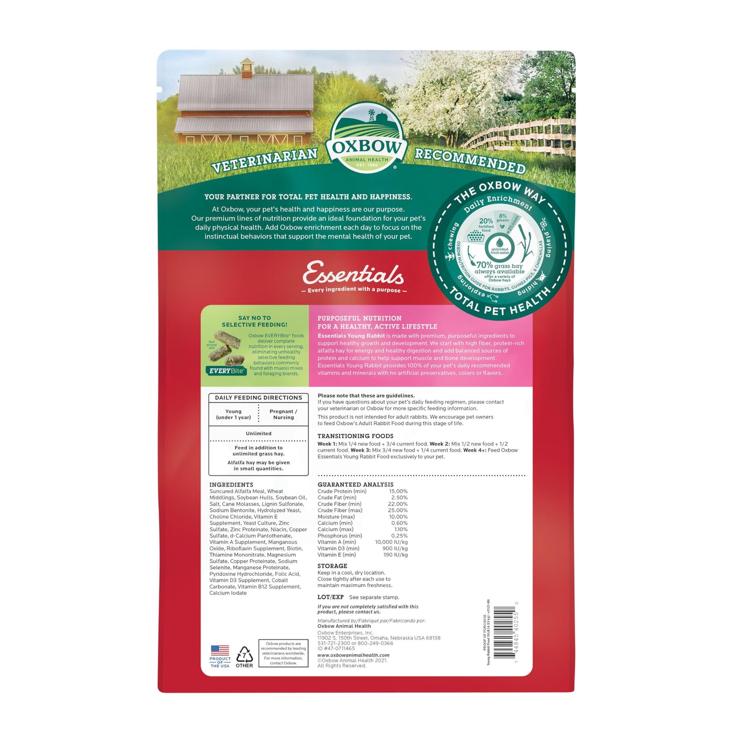Oxbow Essentials Rabbit Food, Adult, Made with Oxbow Timothy Hay for Rabbit, Pet Pellets with Vitamins & Minerals, Small Animal Pet Products, Bunny Food, Made in USA, High Fiber, 10 lb. bag