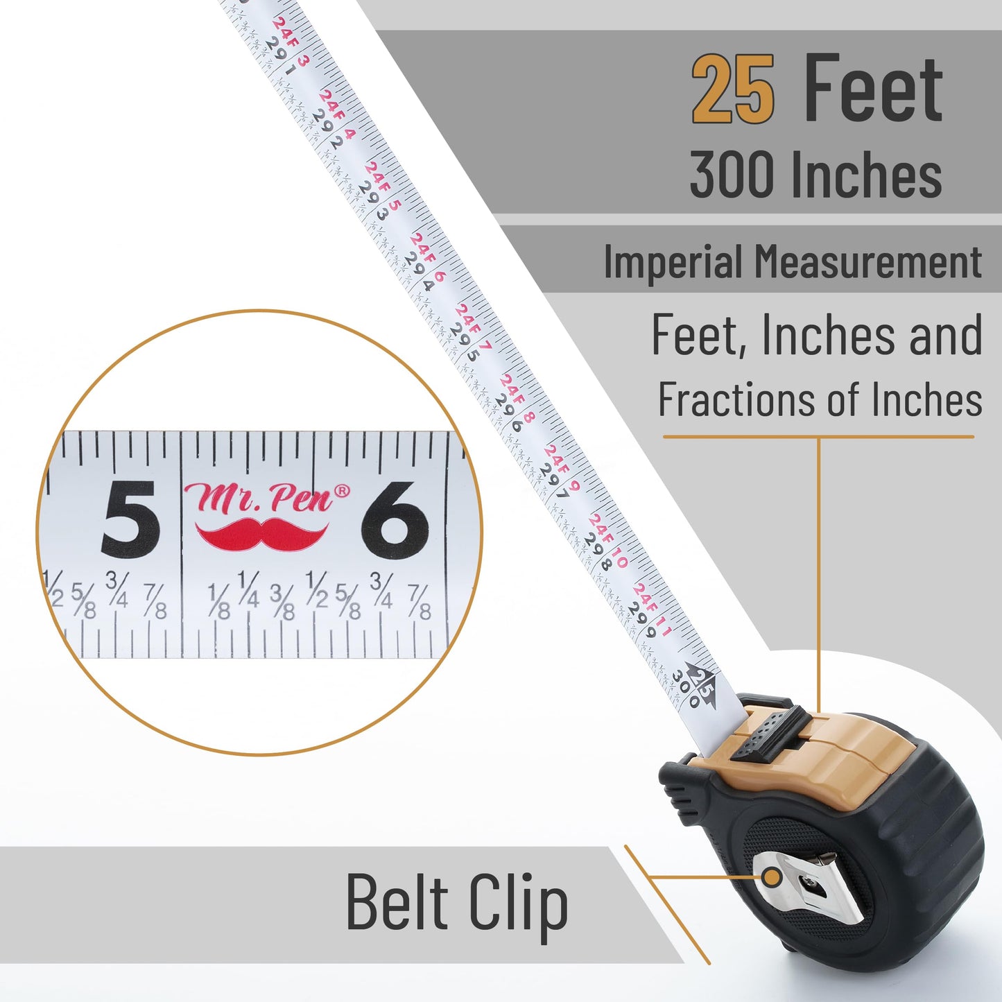 Mr. Pen 25-Foot Steel Retractable Tape Measure with Easy Read Fractions