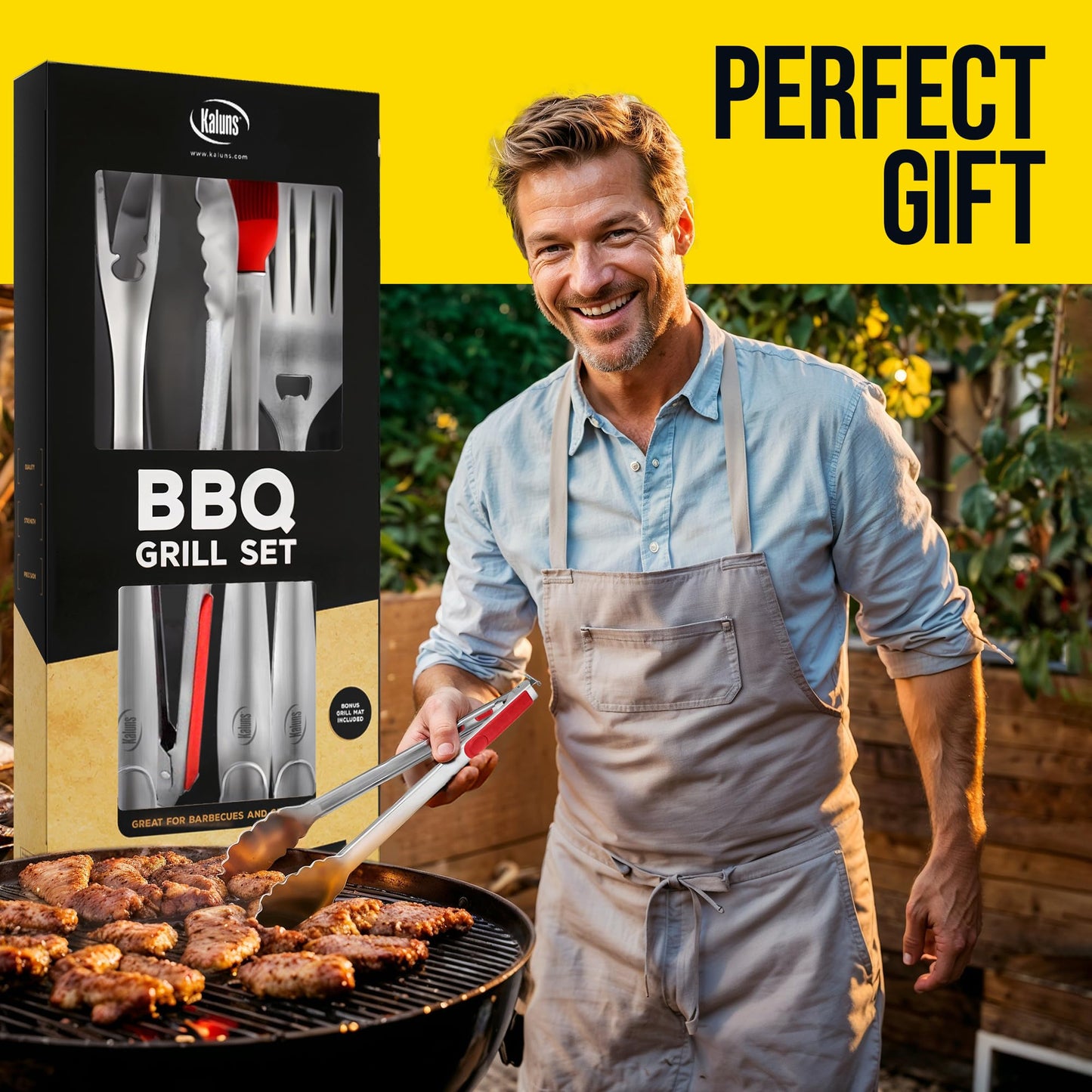 Kaluns Grilling Accessories, Dad Gifts for Fathers Day Grilling Gifts, Heavy Duty Stainless Steel BBQ Grill Tools Set for Outdoor Grill with Aluminum Case and Apron, Dad Birthday Gifts for Men Husband