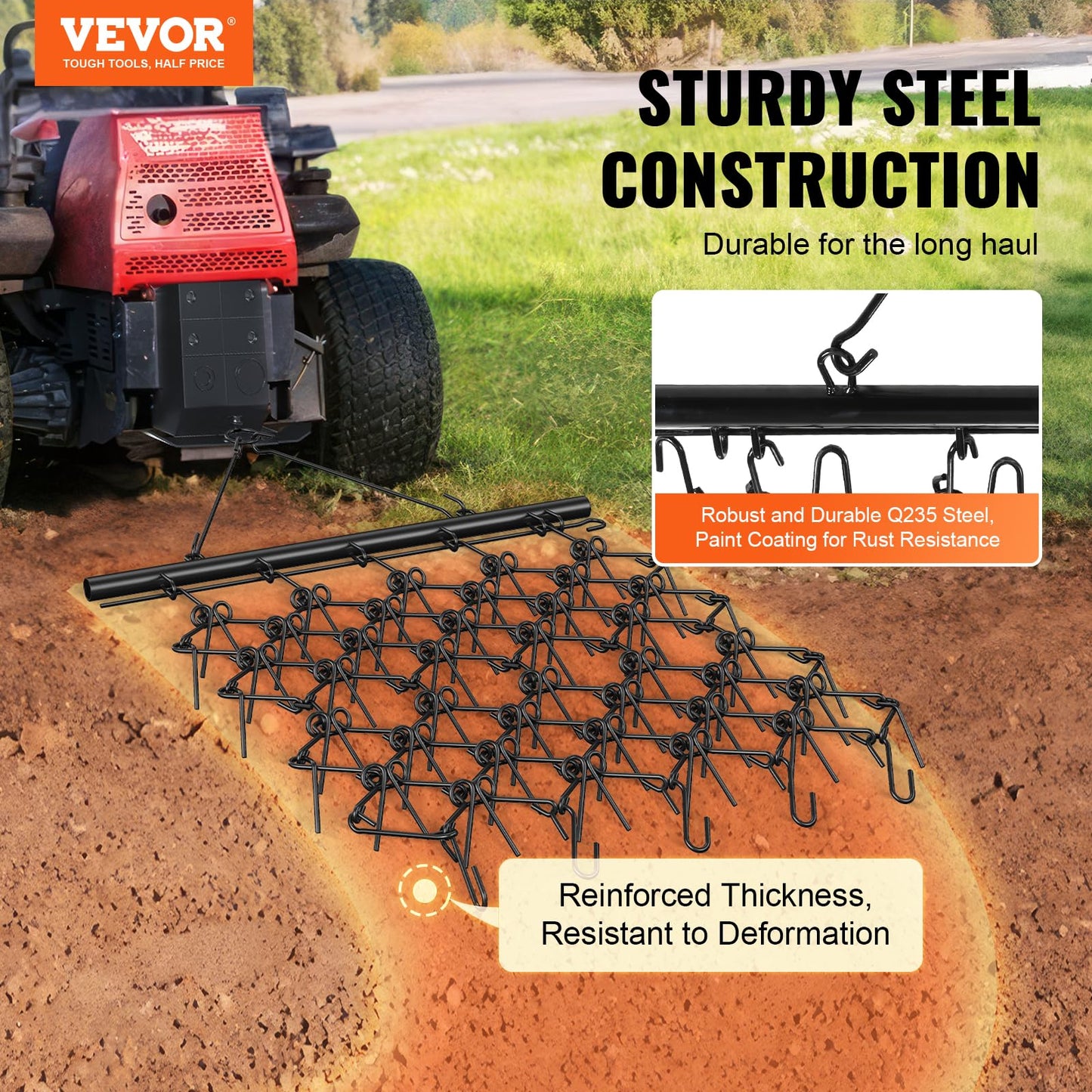VEVOR 4' x 5' ATV Drag Harrow, Q235 Steel UTV Tractor Attachments for Landscape Leveling or Sod Prepping, Towable Grader for Gravel Driveway, Garden, Farm, Field Black