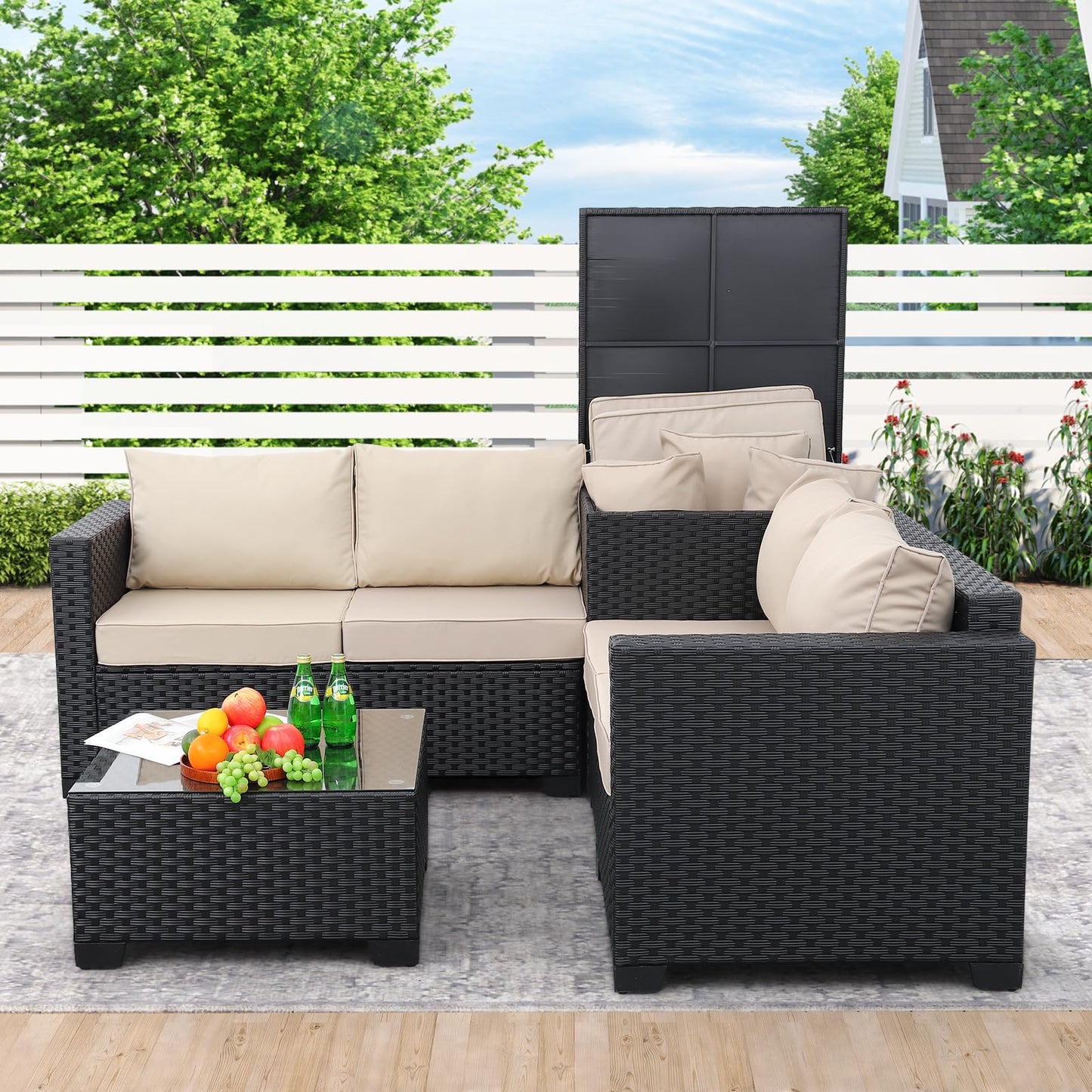 Outdoor PE Wicker Patio Furniture Set 4 Piece Black Rattan Sectional Loveseat Couch Set Conversation Sofa with Storage Box Glass Top Table and Non-Slip Grey Cushion