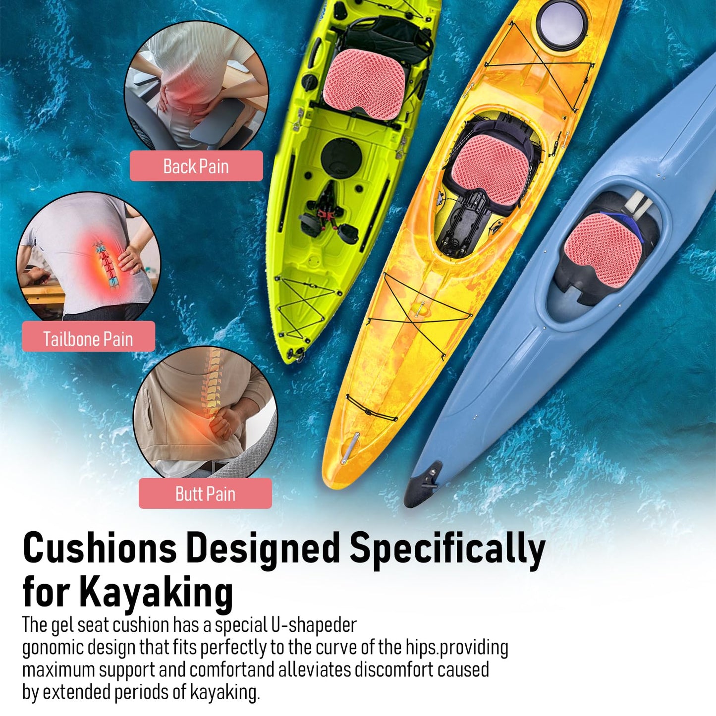 Kayak Seat Cushion, Thicken Anti Slip Waterproof Gel Kayak Seat, Portable Canoe Rowing Rubber Dinghy Pad for Stadium Sit in Kayak Inflatable Fishing Kayak Canoe Kayak Accessories