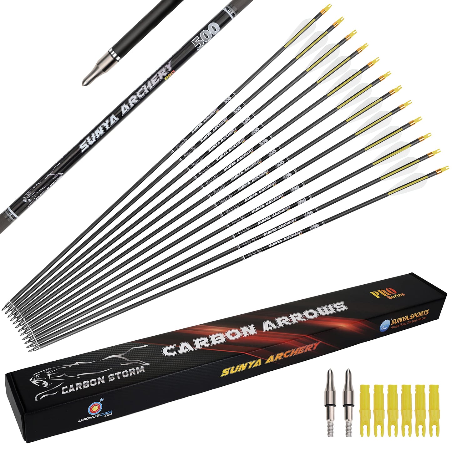 SUNYA Archery Compound Bow Arrows 12pcs Set. 30" Carbon Shaft, Spine 400 or 500 with Removable Tips