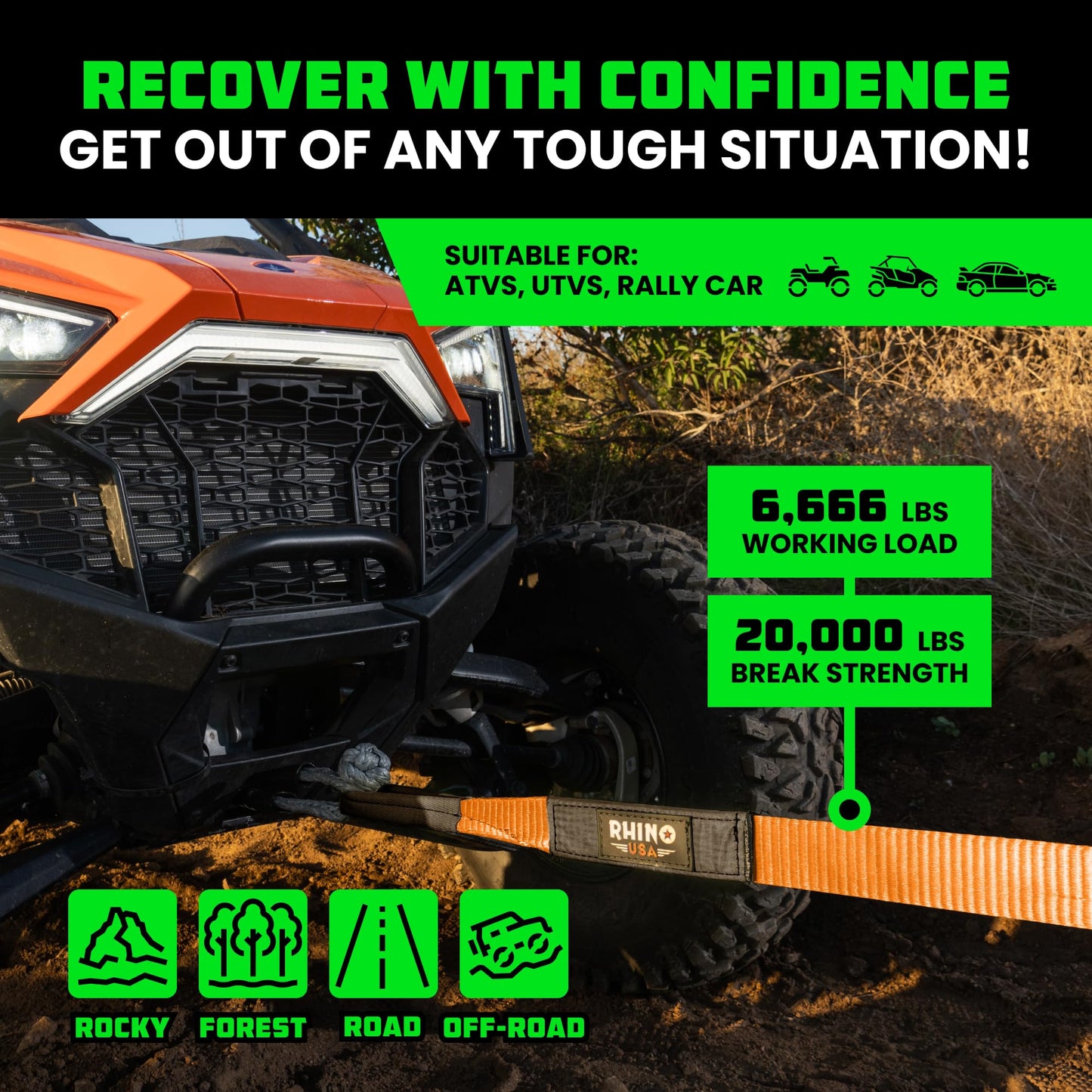 Rhino USA Recovery Tow Strap (3" x 20') - 31,518lb Break Strength - Emergency Recovery Strap Tow Rope for Truck, UTV, ATV & More - Heavy Duty Towing Strap for Offroad 4x4 Use - Compatible with Jeep