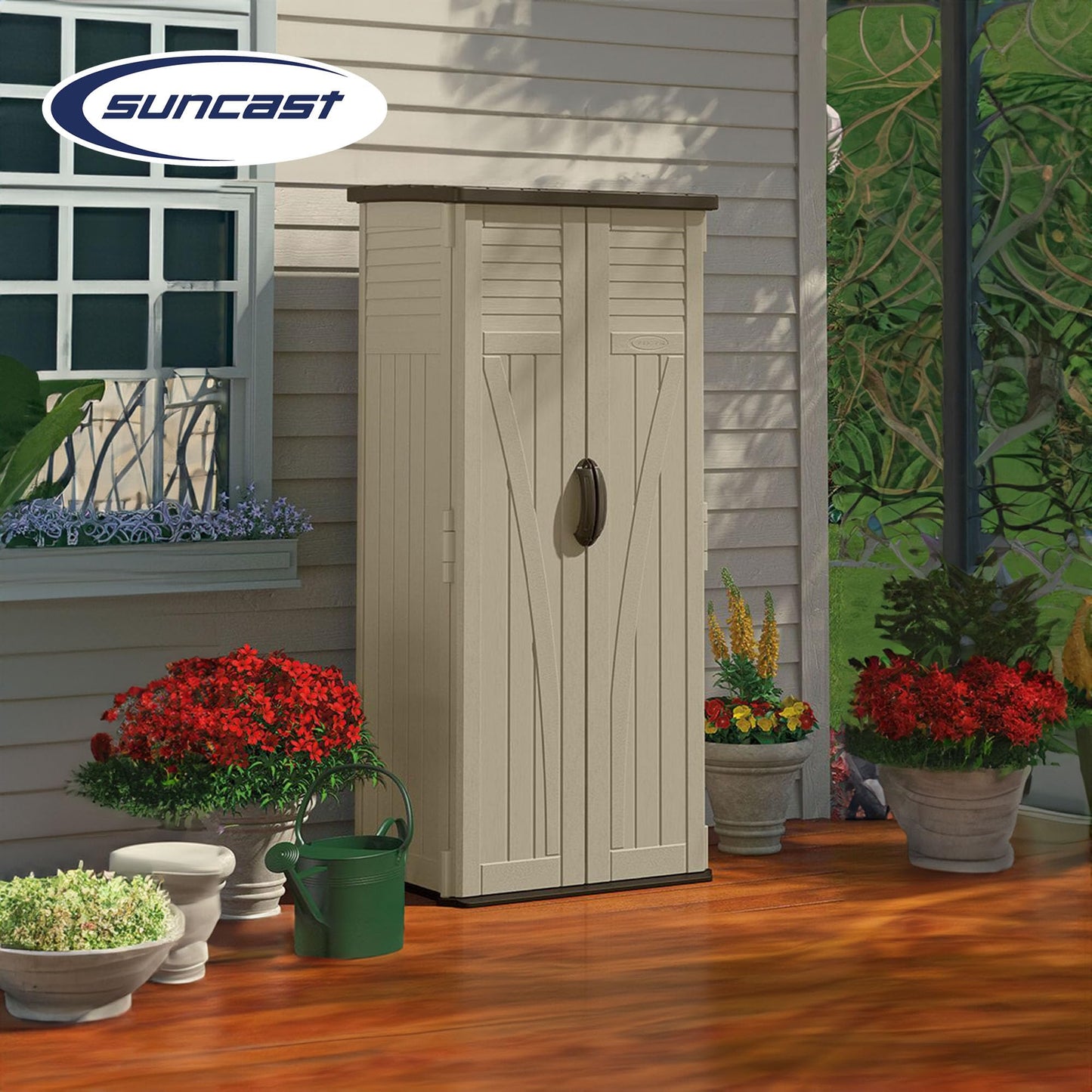 Suncast 54 Cubic Feet Vertical Storage Shed with Durable Plastic Construction, Multiple Wall Panels and Ample Space for Outdoor Storage