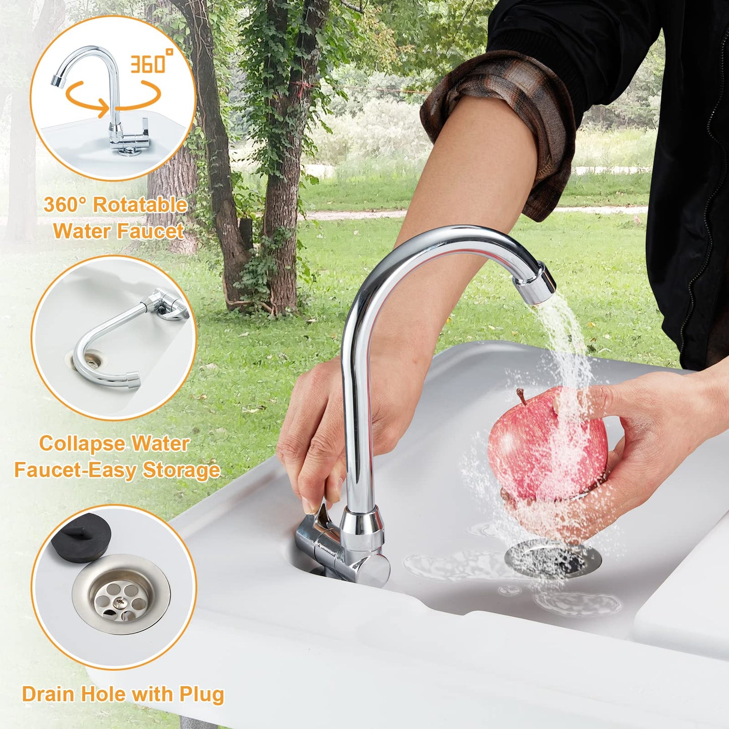 Folding Fish Cleaning Table Portable Camping Sink with Faucet Drainage Hose & Sprayer Outdoor Fillet Station Grid Rack Knife Groove for Picnic Fishing, Black