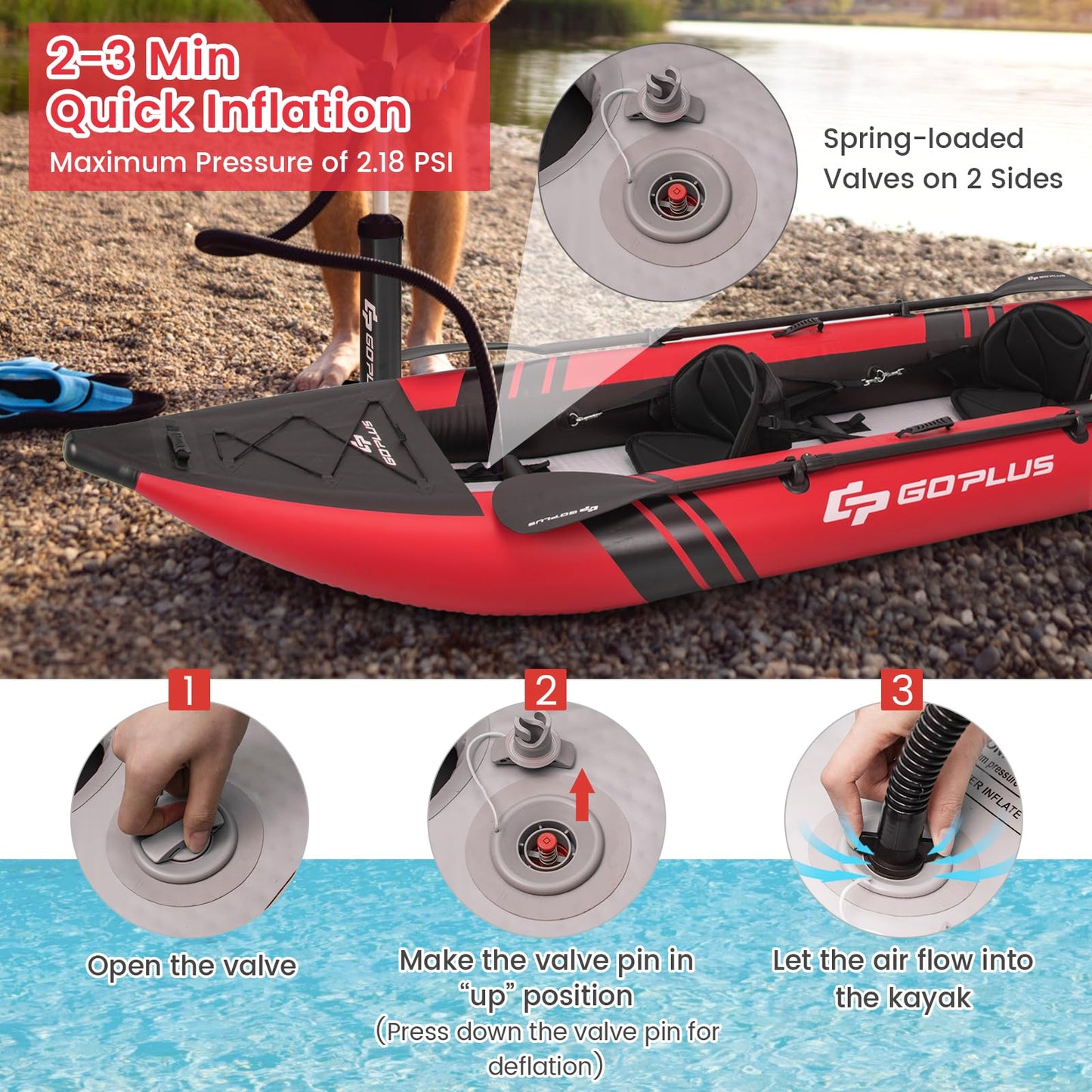 Goplus Inflatable Kayak, 2-Person Kayak Set for Adults with 507 LBS Weight Capacity, 2 Aluminium Oars, EVA Padded Seat, 2 Fins, Hand Pump, Carry Bag, Repair Kit, Portable Touring Kayaks