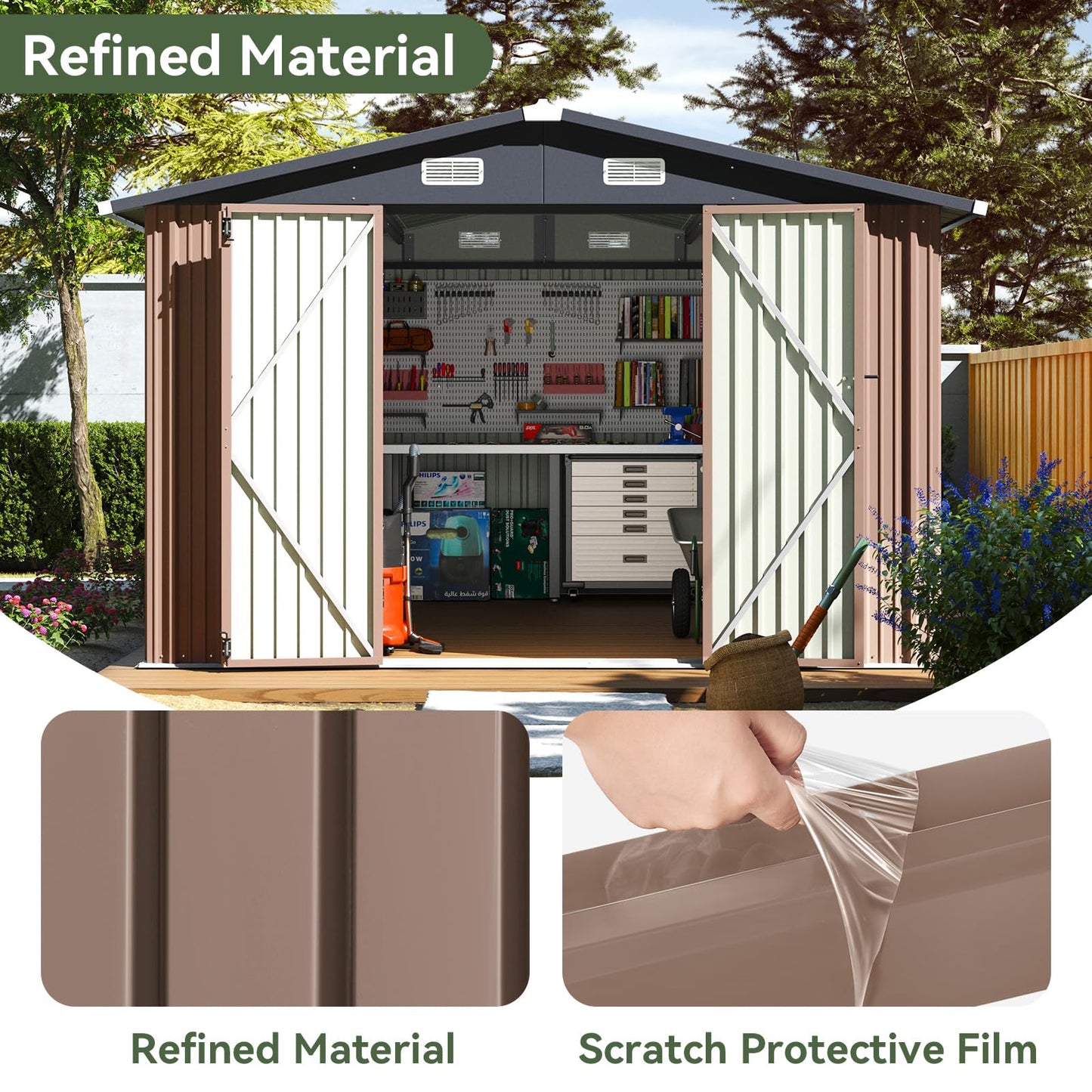 Aoxun 12x10 FT Shed Metal Outdoor Waterproof Storage Shed Steel Utility Garden Tool Shed with Door & Lock Outdoor Storage for Garden Patio Lawn Poolside, Brown