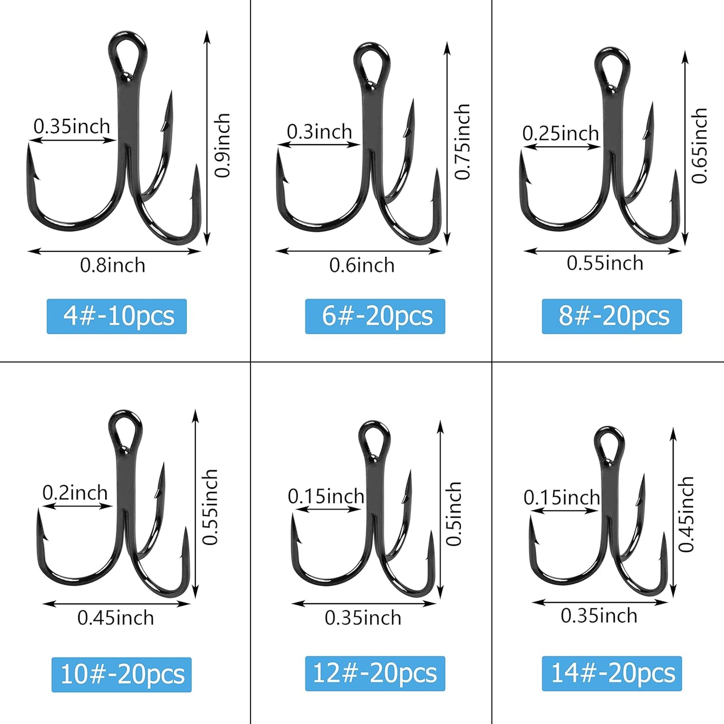 Fishing Treble Hooks Kit High Carbon Steel Hooks Strong Sharp Round Bend for Lures Baits Saltwater Fishing 110pcs/box Mixed 6 Size 4 6 8 10 12 14