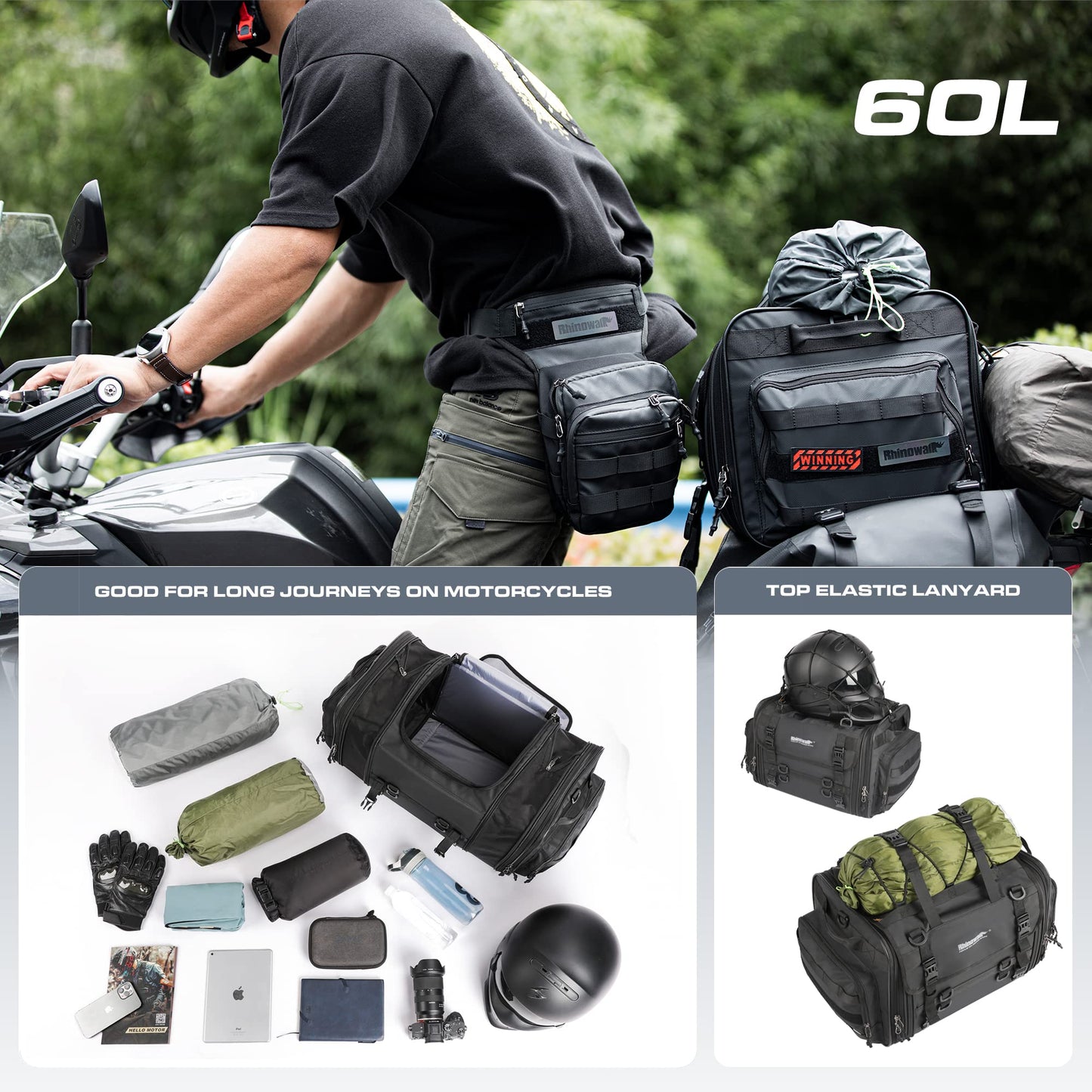 Rhinowalk Motorcycle Tail Bag, Expandable Motorcycle Travel Luggage Bags 60L, Waterproof All-Weather Trunk Rack Bag with Sissy Bar Straps & Helmet Rain Cover – Black