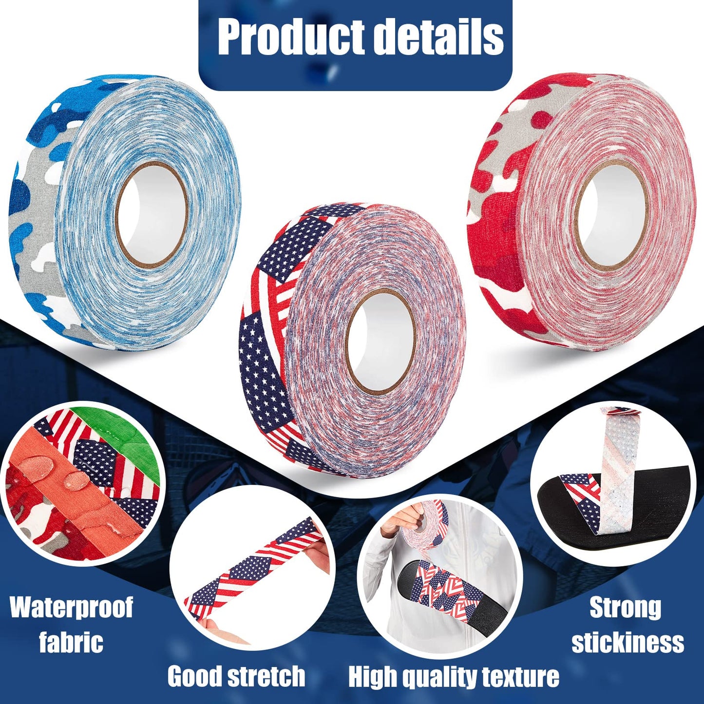Deekin 6 Rolls Hockey Tape USA Flag Camo Lacrosse Stick Tape Waterproof Non Slip Hockey Athletic Sports Stick Baseball, 1'' x 27 Yards/Roll (Classic Style)