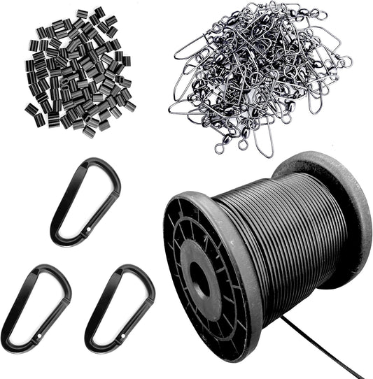 AUSCAMOTEK Taxas Duck Decoy Rig Accessories Set for Waterfowl Hunting- 100 Crimp 50 Swivel Snap 185 Feet Cable 3 Carabiner