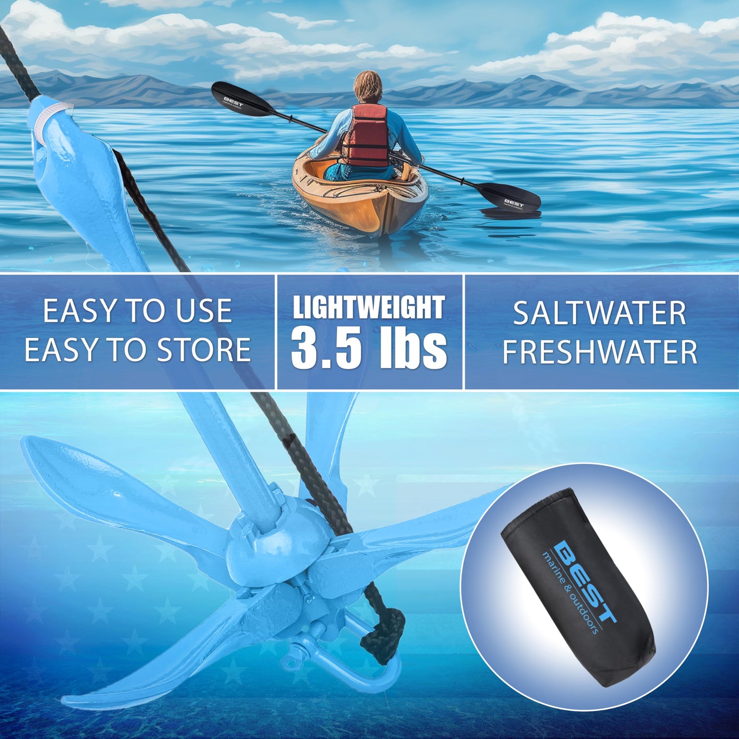 Best Marine and Outdoors Kayak Anchor, 3.5 Pound Anchor System Kit for Kayaks, Canoes, SUP Paddle Boards & Jet Skis, Fishing, Boating & Kayaking Accessories
