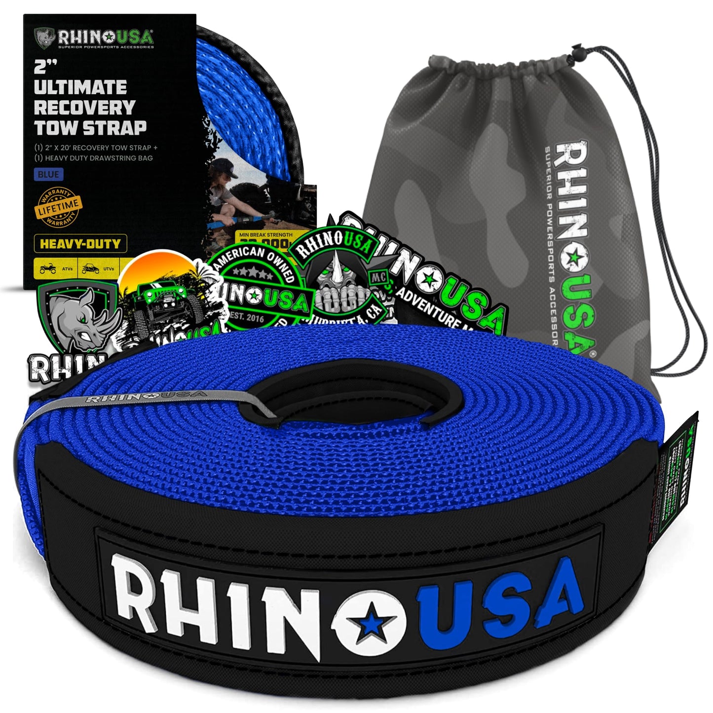 Rhino USA Recovery Tow Strap (3" x 20') - 31,518lb Break Strength - Emergency Recovery Strap Tow Rope for Truck, UTV, ATV & More - Heavy Duty Towing Strap for Offroad 4x4 Use - Compatible with Jeep