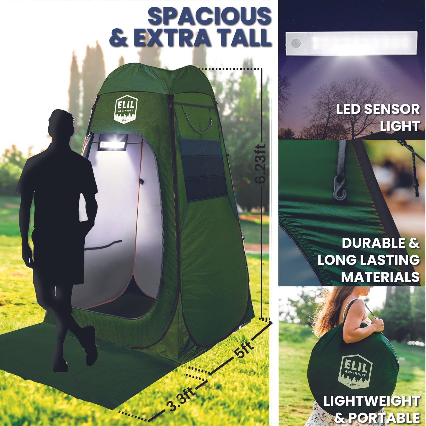 Camping Shower Tent With LED Sensor Light 6.23 ft - Large Easy Pop Up Privacy Tent for Beach Changing - Outdoor Portable Enclosure for Camping