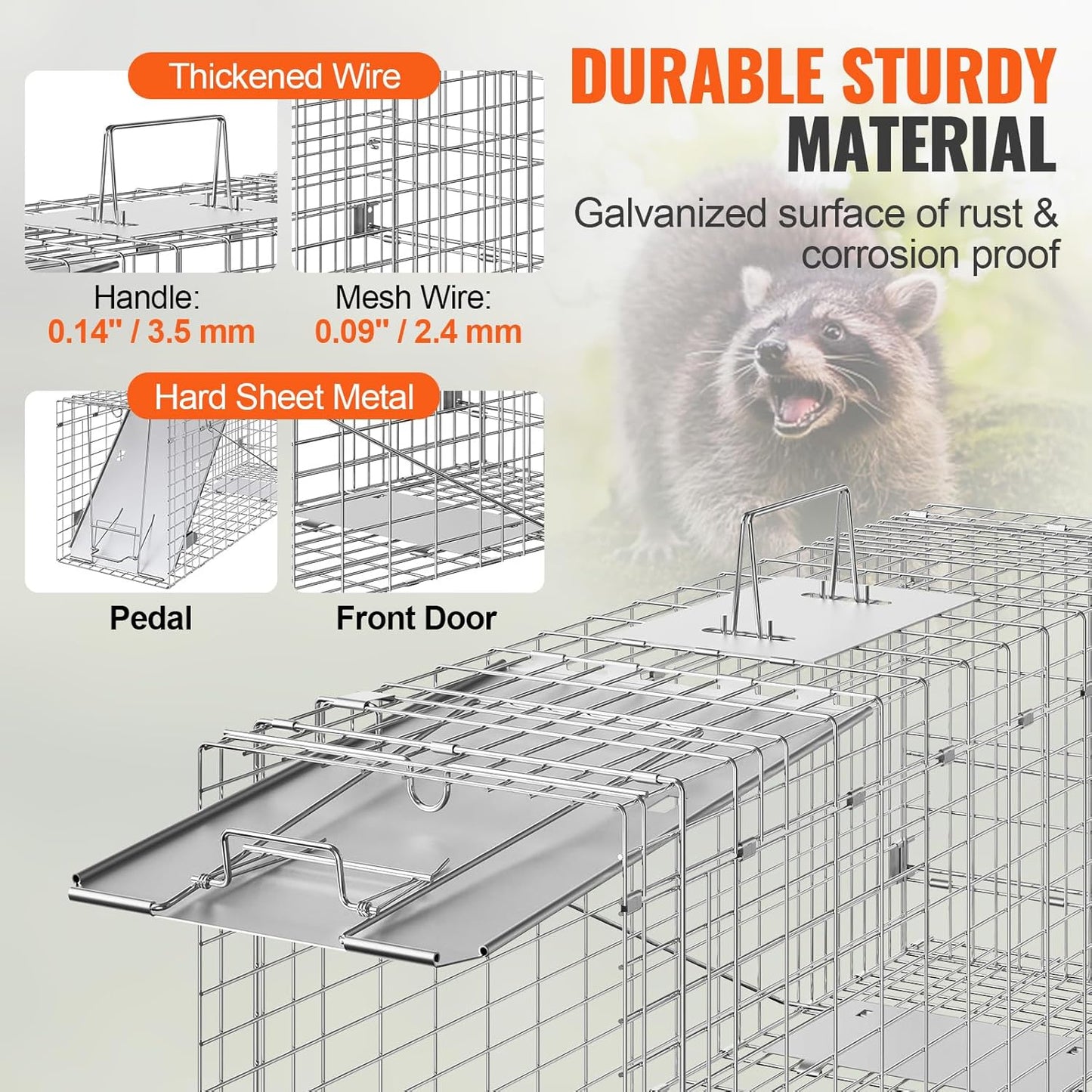 VEVOR Live Animal Cage Trap, 31" x 10" x 12" Humane Cat Trap Galvanized Iron, Folding Animal Trap with Handle for Rabbits, Stray Cats, Squirrels, Raccoons, Groundhogs and Opossums