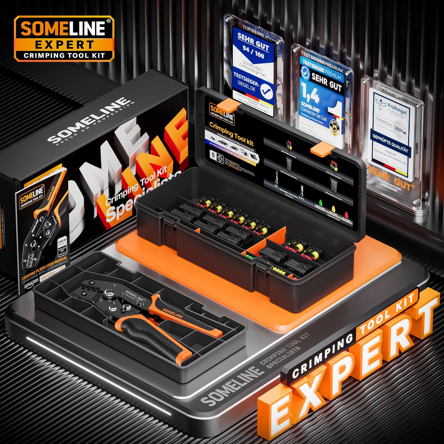 SOMELINE Crimping Tool Kit, Waterproof Automotive Electrical Connectors Electrical Wire Connectors Plug Kit 1/2/3/4/5 Pin Waterproof Connectors with 22-14 AWG Ratchet Crimping Tool and Removal Tools