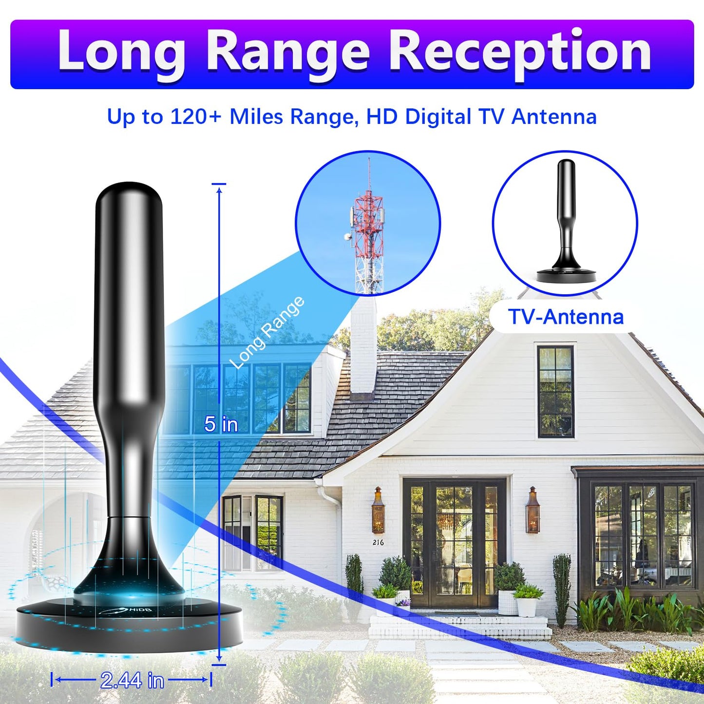 HIDB TV Antenna for Smart TV Indoor, Digital Indoor HD Antennas with Strong Magnetic Base, Easy Installation, Long Range Reception for Local Channels 4K 1080P, 10ft Long Cables (Black)