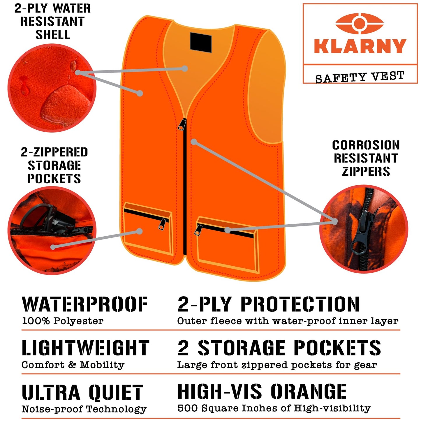 Klarny Blaze Orange Hunting Vest with Pockets, High-Visibility, Waterproof, Ultra-Quiet Deer and Bow Hunting Gear Accessories