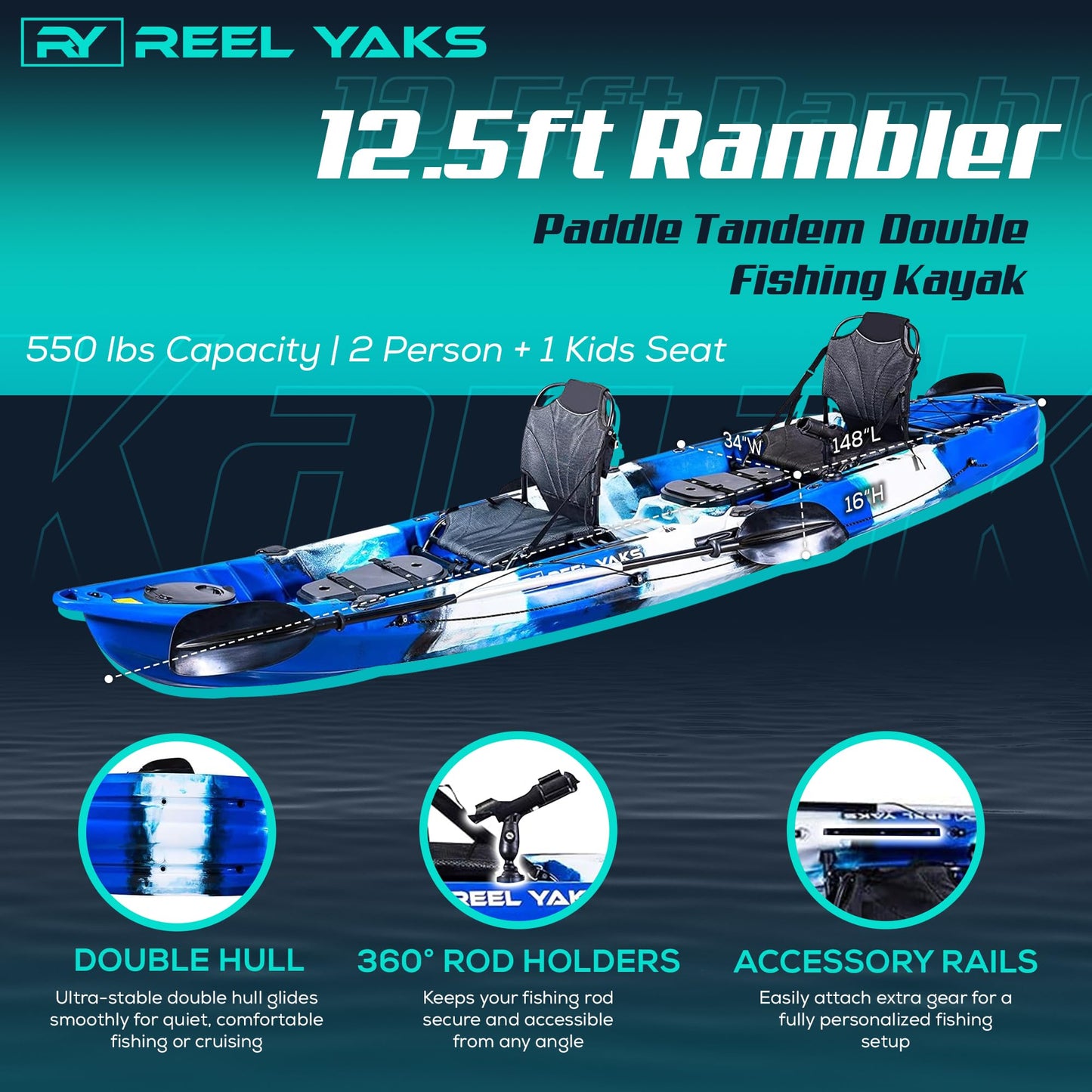 Tandem Fishing Angler Kayak – 12.5ft Sit-On-Top Kayak for 2-3 People – 550 lbs Capacity – Stable W Hull for Ocean & Lakes - Great for Family & River Adventures – Includes Trolley
