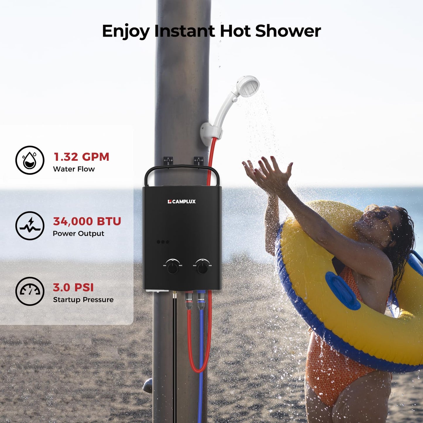 CAMPLUX Tankless Water Heater Outdoor, 1.32 GPM Portable Propane Camping Water Heater, 5L, AY132, White