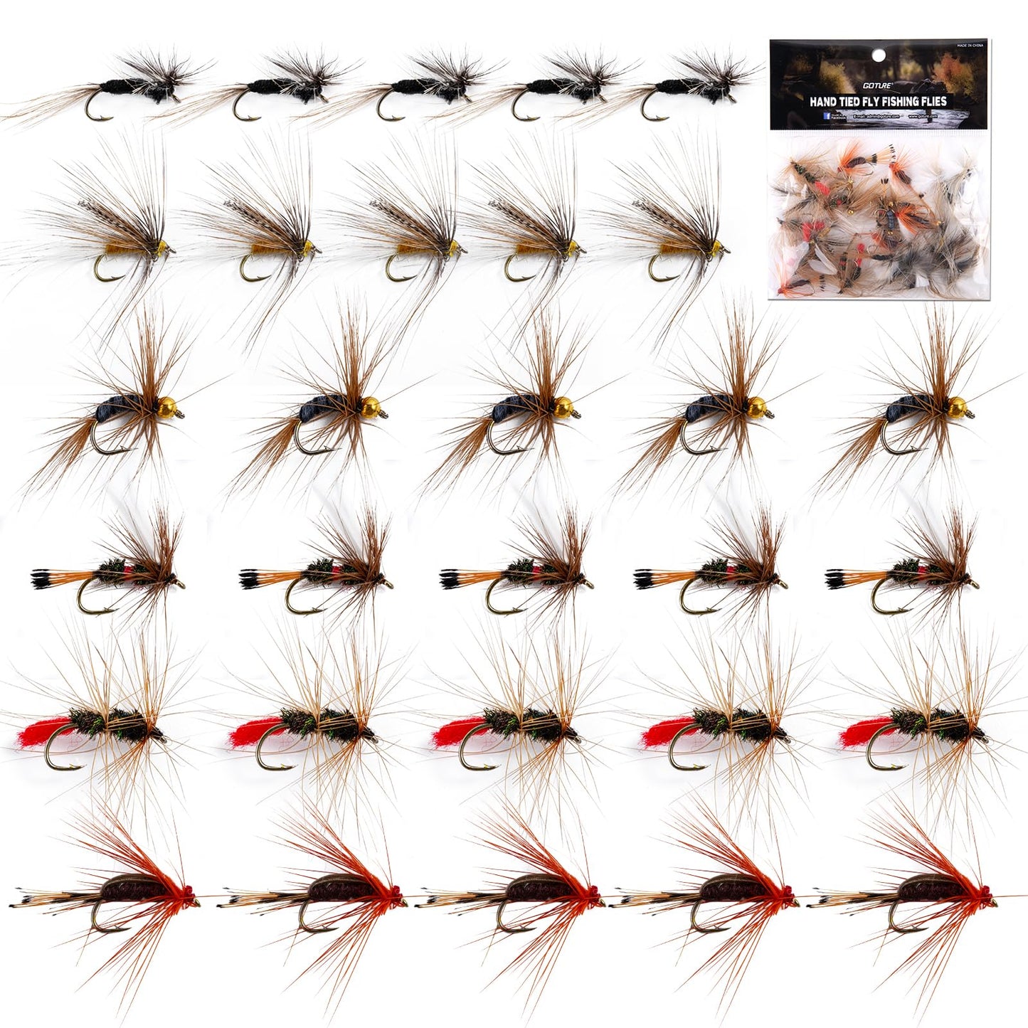 Goture Fly Fishing Flies Kit,25pcs/30pcs/100pcs Fly Fishing Lures,Dry Flies Wet Flies Streamers Nymphs Flies, Fly Fishing Assortment Kit for Bass Trout Salmon Fishing