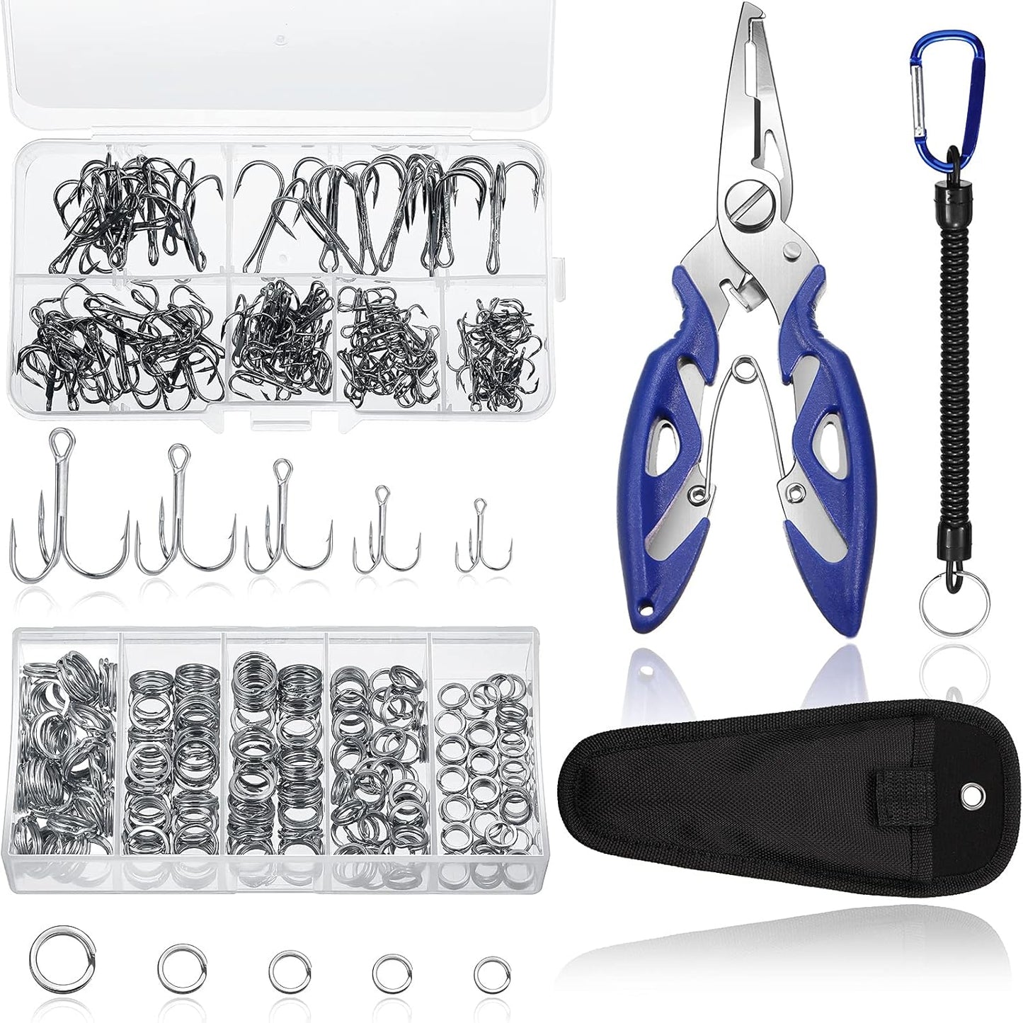 Skylety Fishing Tackle Tools 200 Pieces Split Fishing Rings with Plastic Box, 100 Pieces Treble Hooks Kit with Plastic Box, 1 Piece Lure Tackle Connector Fishing Plier and 1 Piece Fishing Lanyard
