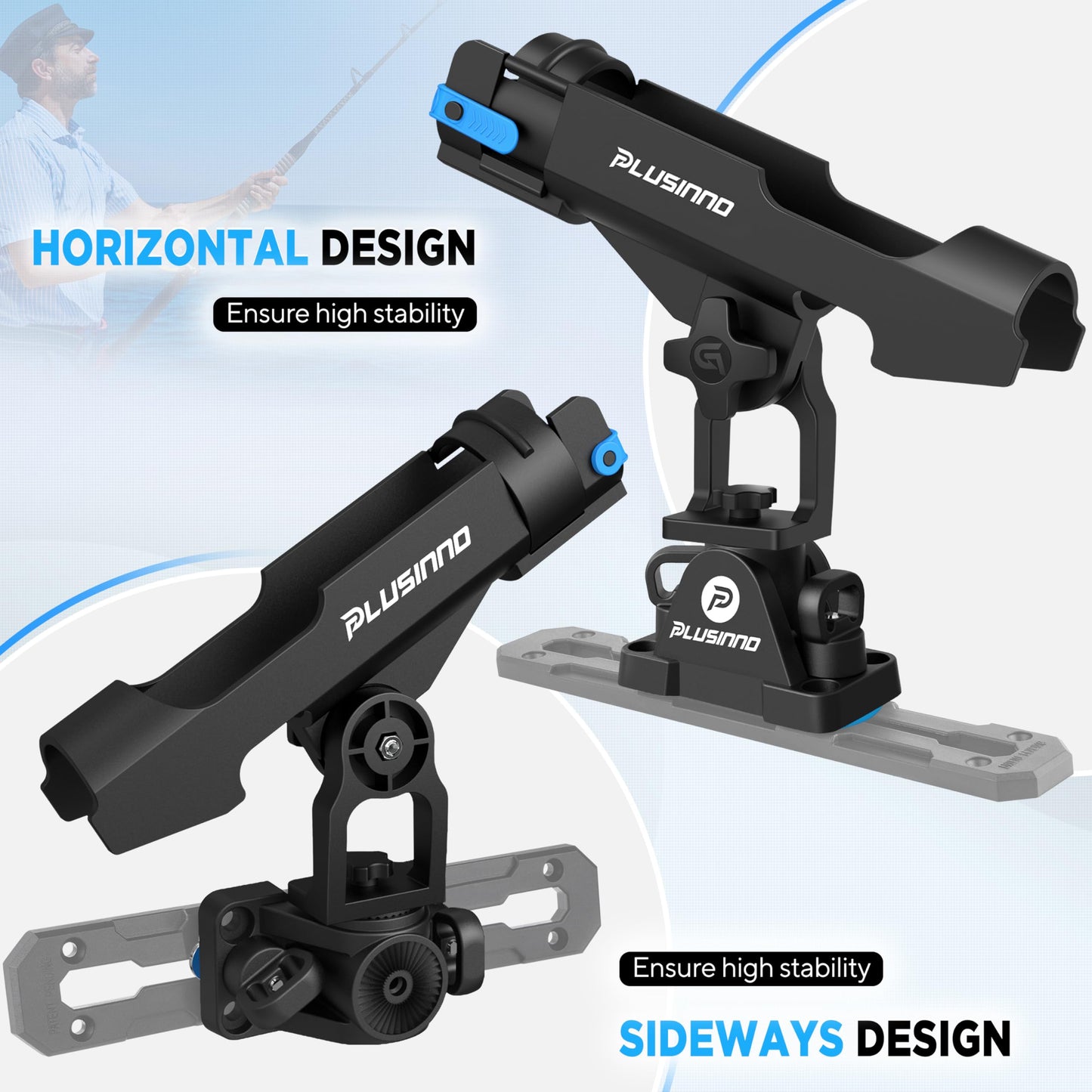 PLUSINNO 2 in 1 Fishing Rod Holders for Boat, Kayak Fishing Rod Holder, Fishing Pole Holders for Track Mount / Deck Mount, Fishing Gear with Fishing Rod Protective Strap, Fishing Accessories & Gifts