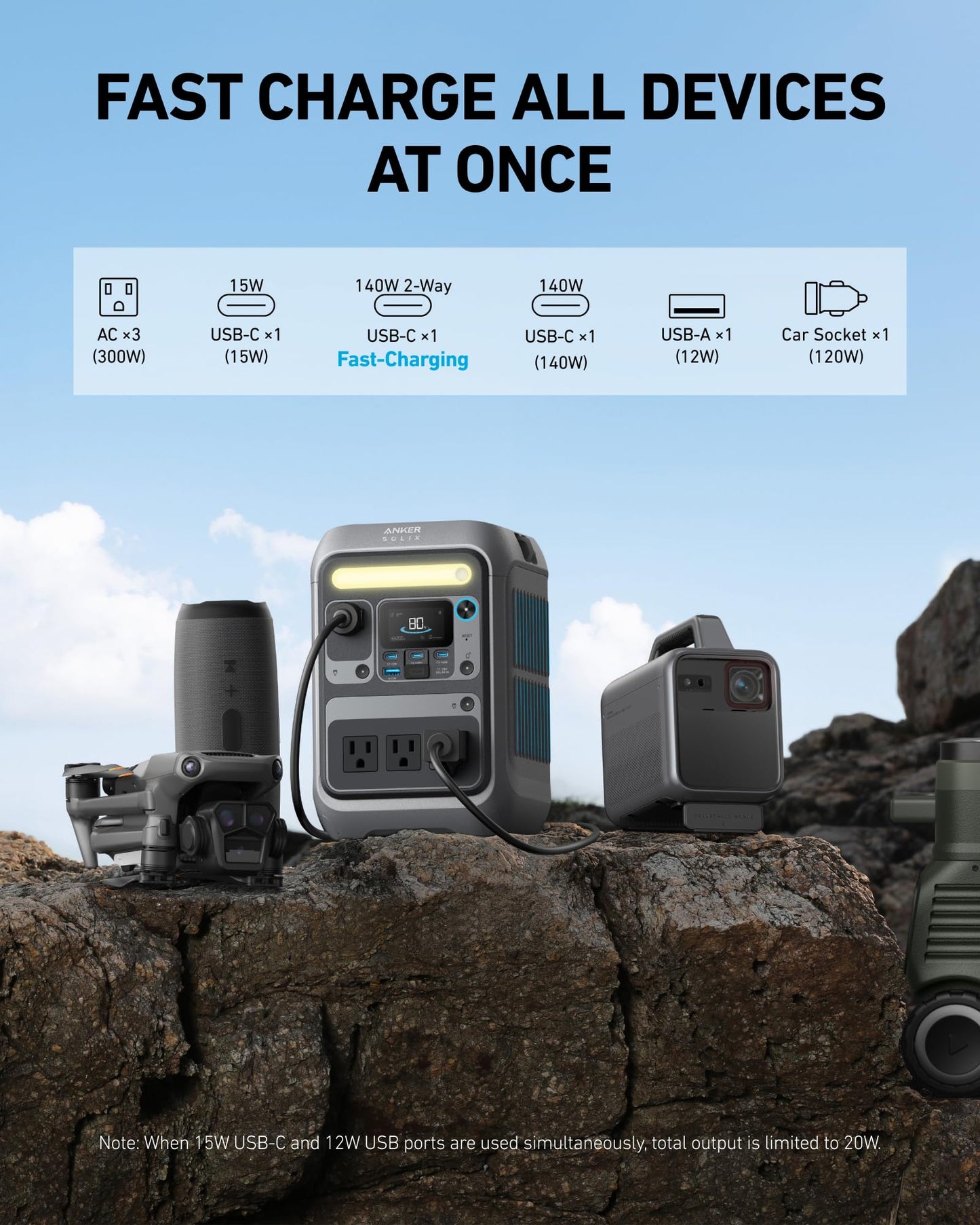 Anker SOLIX C300 Portable Power Station, Outdoor 288Wh LiFePO4 Battery, 300W (600W Surge) Solar Generator, 140W Two-Way Fast Charging, for Camping, Traveling, and Emergencies (with 60W Solar Panel)