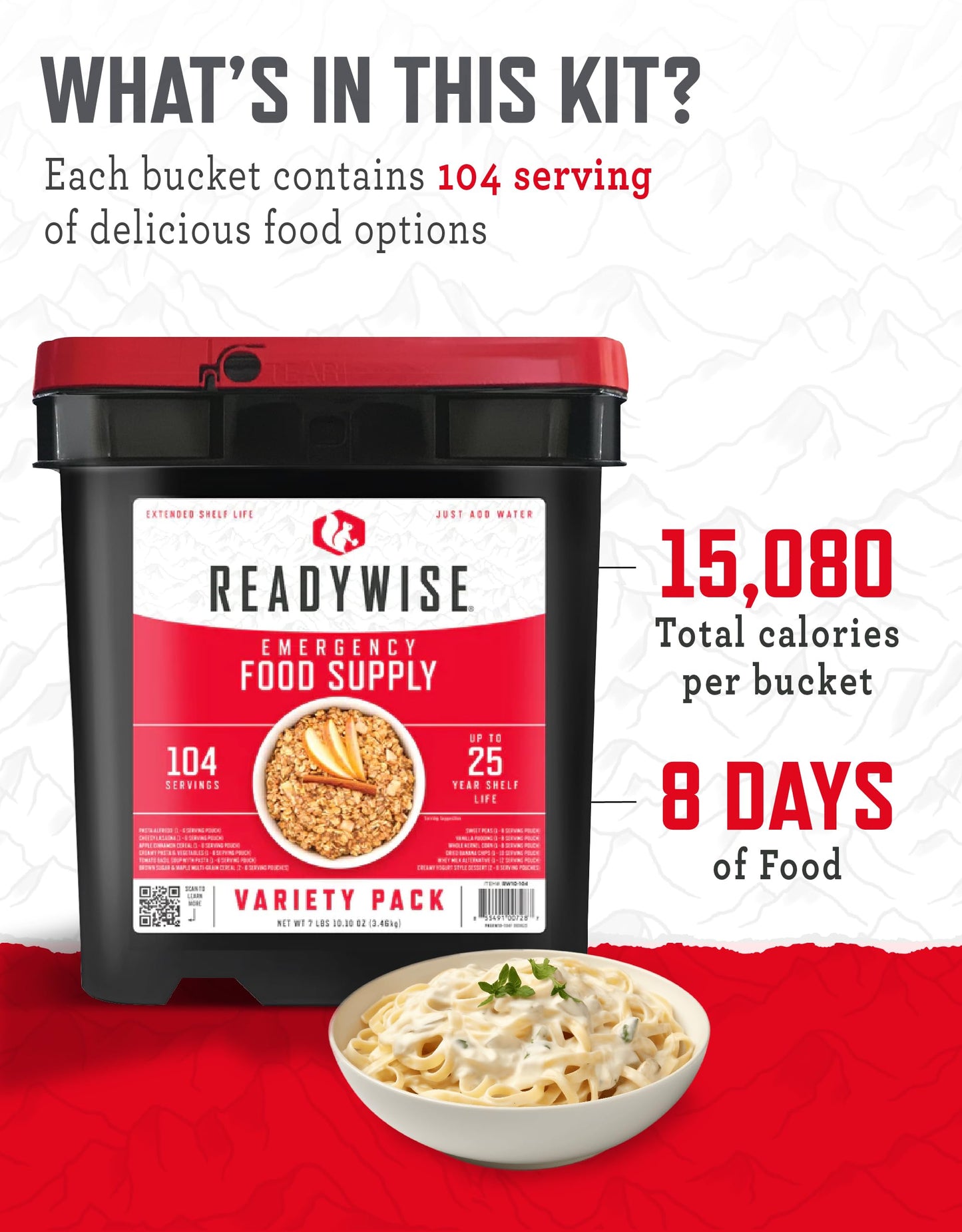 READYWISE - Emergency Food Supply Bucket, 120 Servings, MRE Meal Food Supply, Premade, Freeze Dried Survival Rations for Hiking, Adventure & Camping Essentials, Individually Packaged, 25 Year Shelf Life