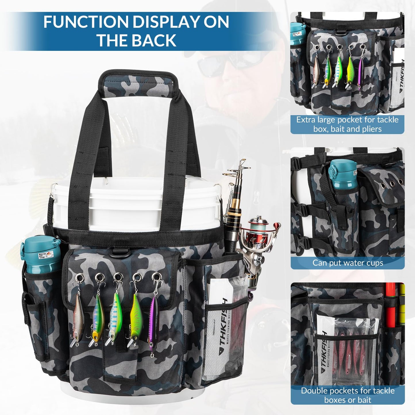 THKFISH Fishing Bucket Organizer for 5 Gallon Bucket, Ice Fishing Bucket Bag with Rod & Plier Holder, Adjustable Fish Protection Bucket Bag with Multi-Pockets for Fishing Gear
