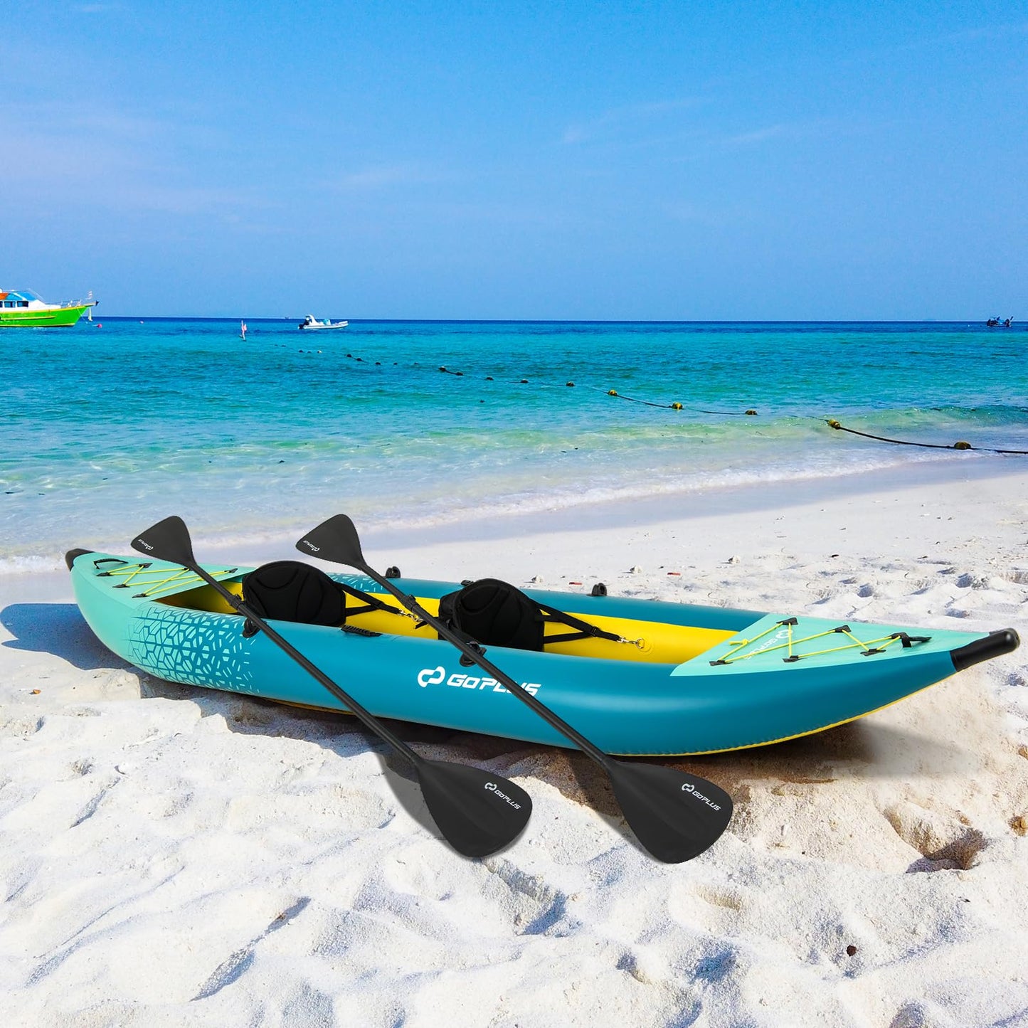 Goplus Inflatable Kayak, 2-Person Kayak Set for Adults with 507 LBS Weight Capacity, 2 Aluminium Oars, EVA Padded Seat, 2 Fins, Hand Pump, Carry Bag, Repair Kit, Portable Touring Kayaks