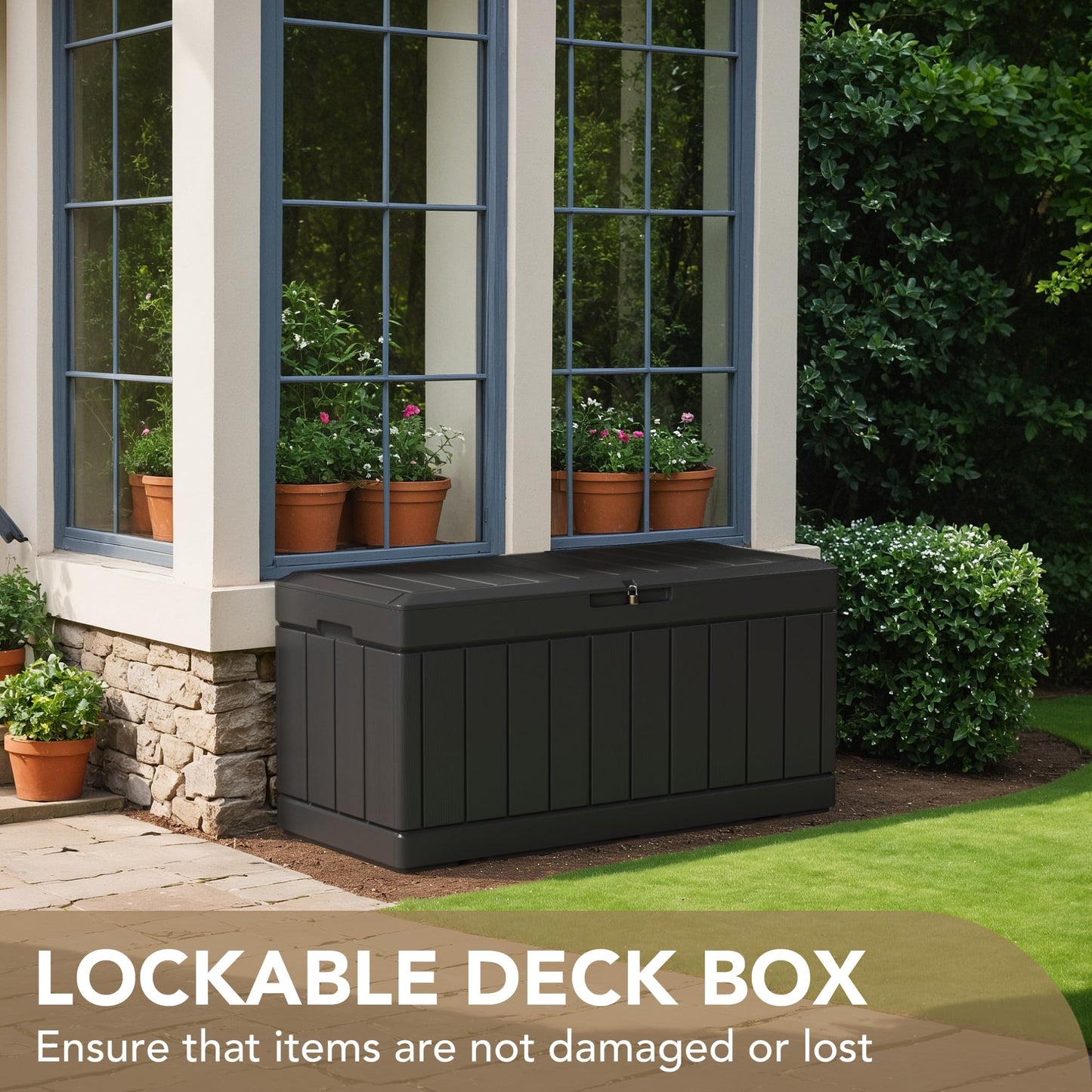 Devoko 100 Gallon Waterproof Large Resin Deck Box Indoor Outdoor Lockable Storage Container for Patio Furniture Cushions Garden Tools (100 Gallon, Black)