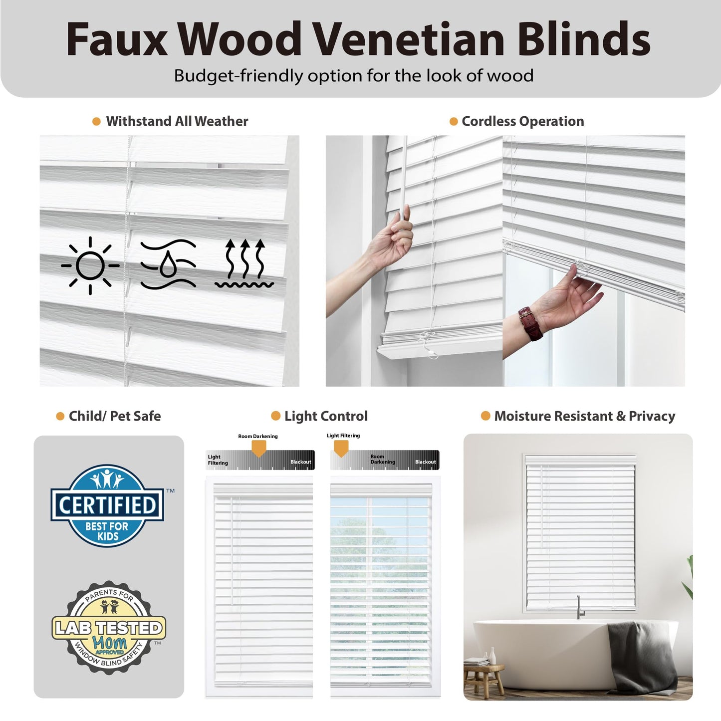 DEZ FURNISHINGS Cordless 2" Signature Faux Wood Blind, 46" W x 48" H, Embossed White