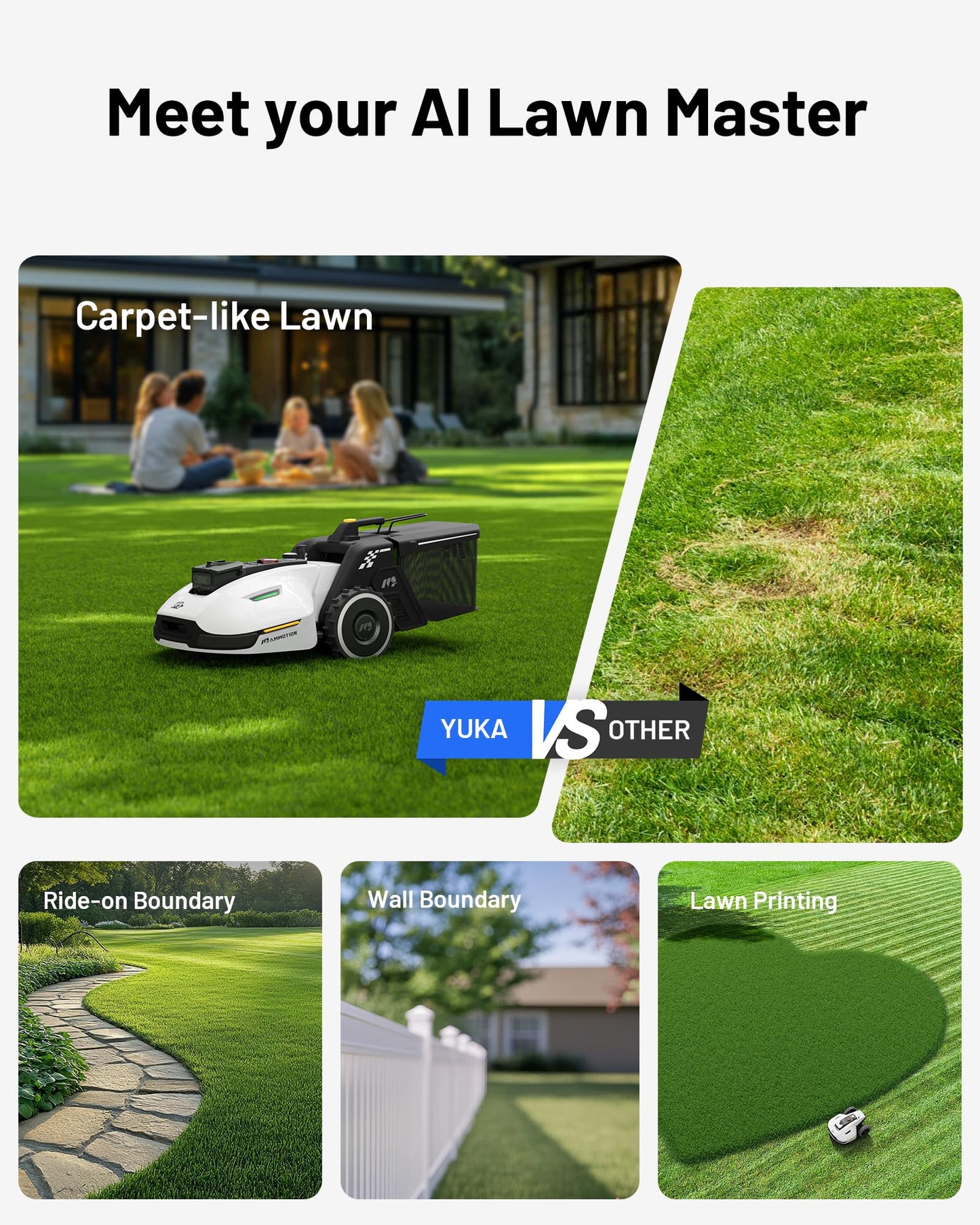YUKA Mini 500H Robotic Lawn Mower Reception 0.12 Acre, Ultrasense AI Vision+ RTK Positioning, Auto Mapping, App Control, 50% Slope, Cutting Height 2''~3.5'', 15 Mowing Zones