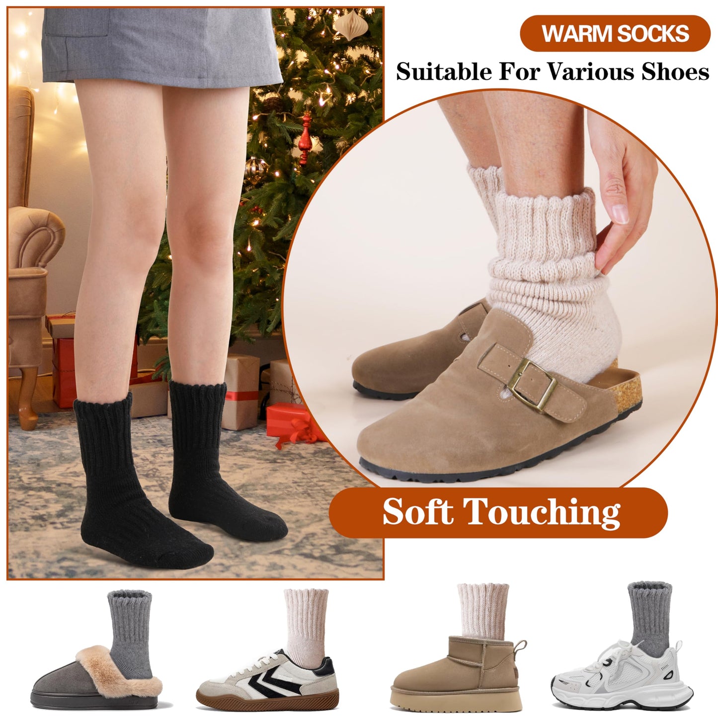 Merino Wool Thermal Boot Socks for Men Women Winter Warm Thick Cozy Hiking Christmas Stocking Stuffers Socks 3 Pairs(Black/Grey/Beige,M)