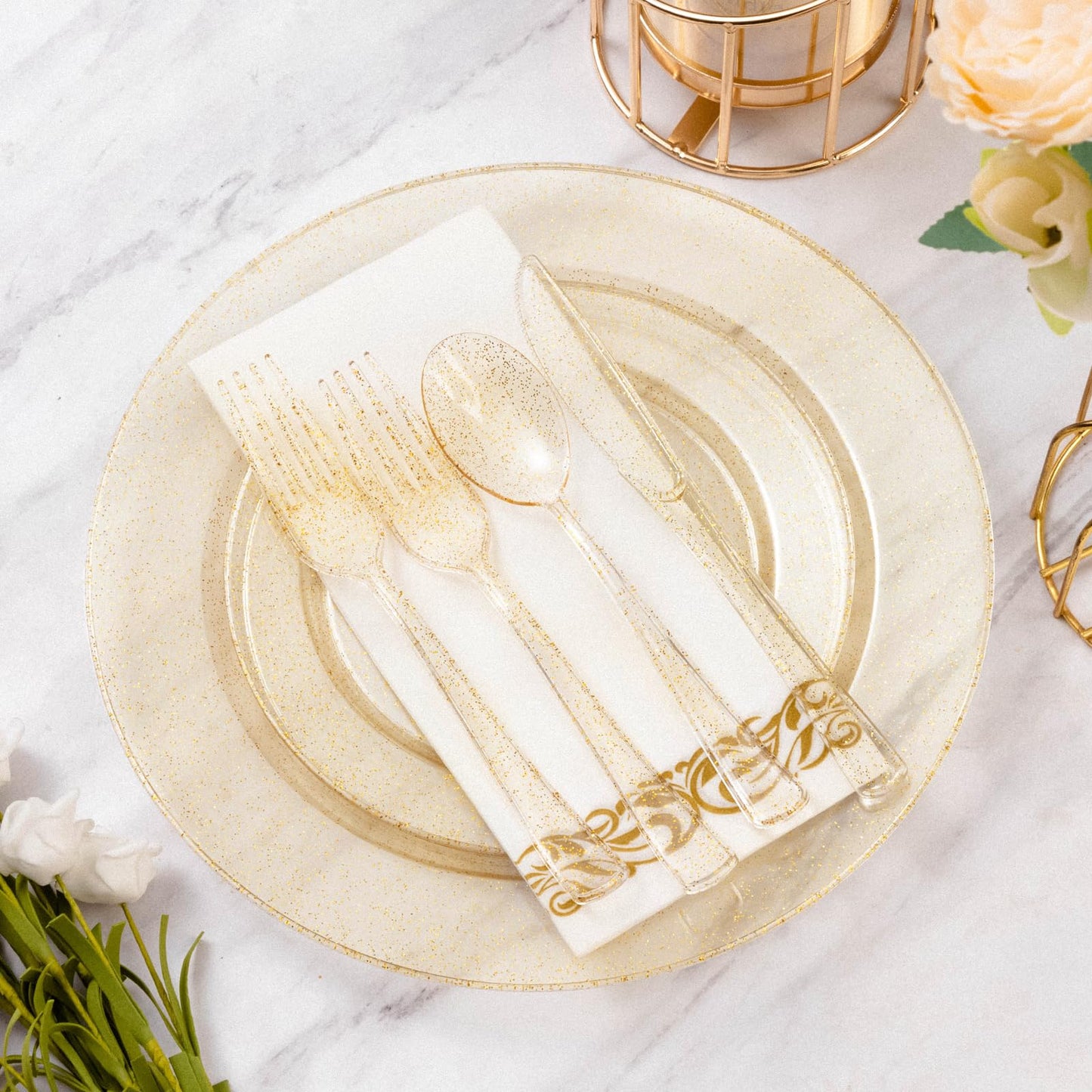 Goodluck 700 Piece Silver Dinnerware Set for 100 Guests, Disposable Plastic Plates for Party, Include: 100 Dinner Plates, 100 Dessert Plates, 100 Paper Napkins, 100 Cups, 100 Silverware set