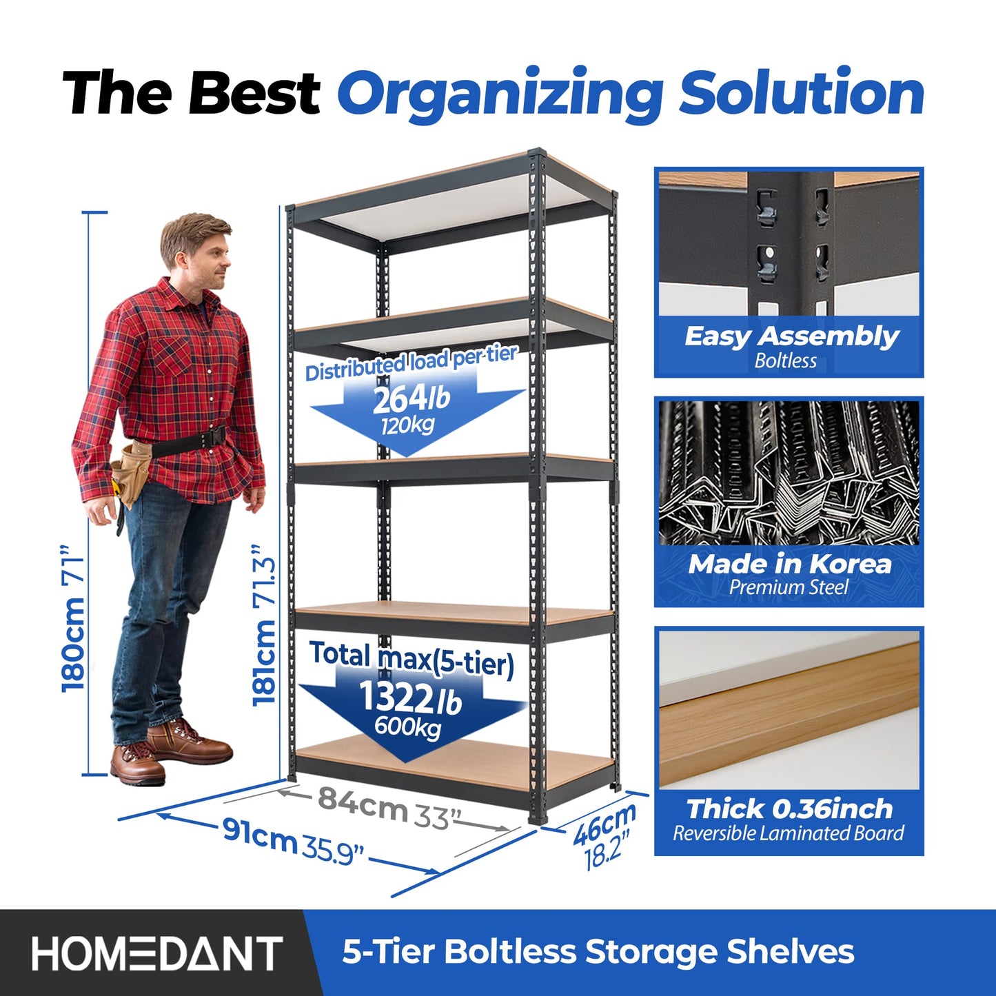 HOMEDANT 5 Tier Laminated Boltless Heavy Duty Garage Storage Adjustable Wide Size Metal Shelving Unit Utility Rack Shelves Organization Multipurpose Shelf Shed Warehouse 47.7"W x 24.1"D x 71.3"H 2Pack