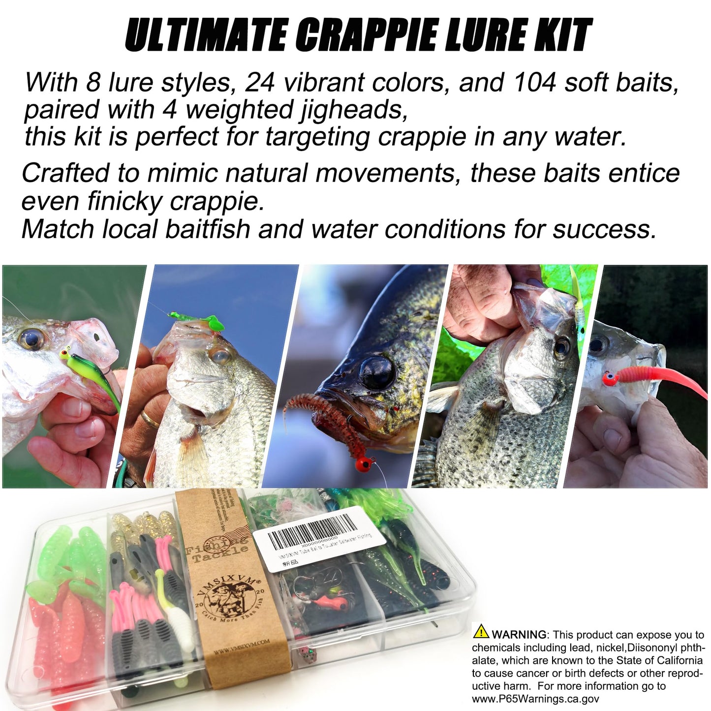 Crappie Lures Tube Lures Jigs Heads Worms Swimbaits Kit, 165, 124, 50 Pcs Pre-Rigged Crappie Jigs Tube Hooks Soft Plastic Grub Worms Baits for Bass Trout Freshwater Saltwater Fishing