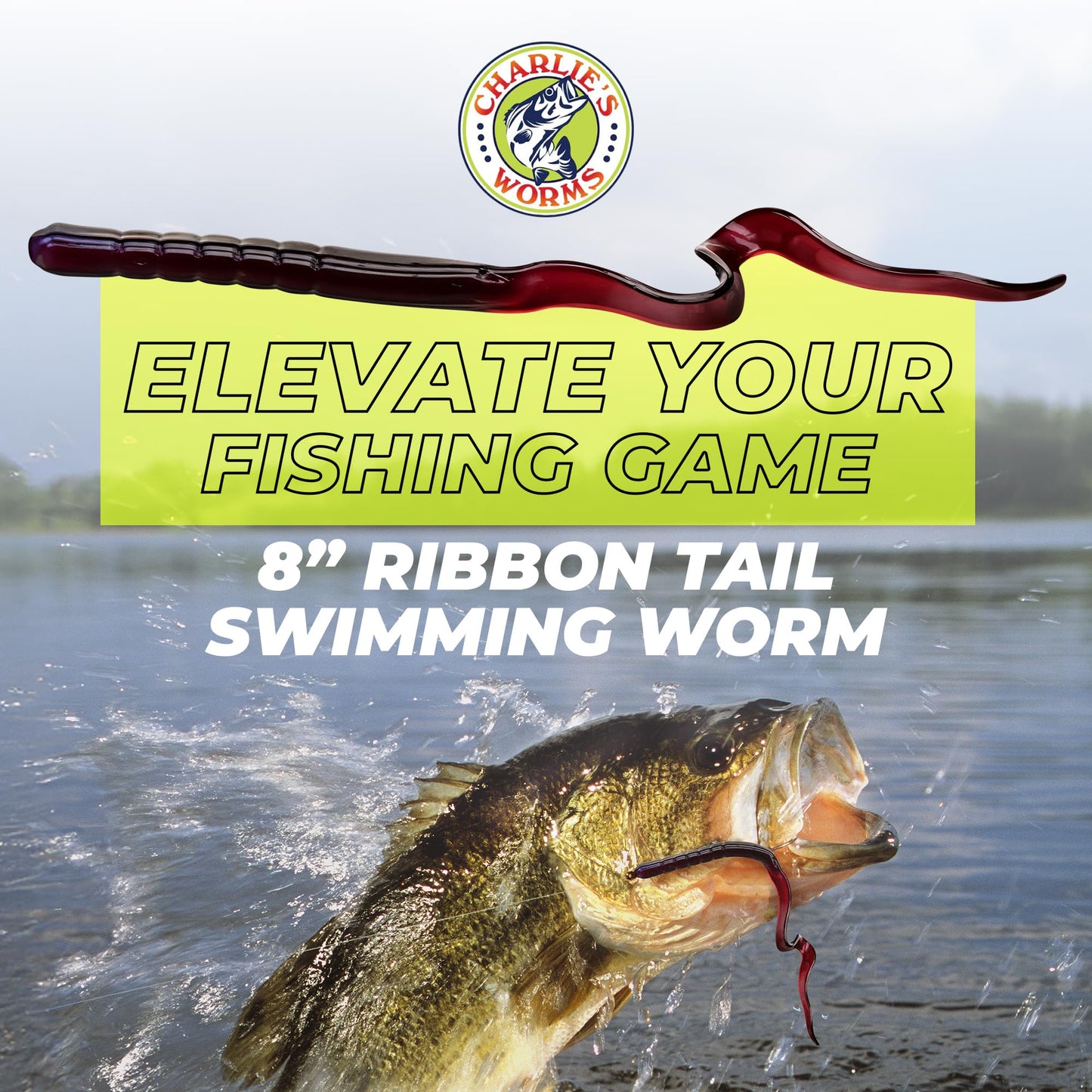 Charlie's Worms Artificial Fishing Bait 8" Ribbon Tail Swimming Worm, Freshwater Saltwater Bass Soft Lures Scented 10pk